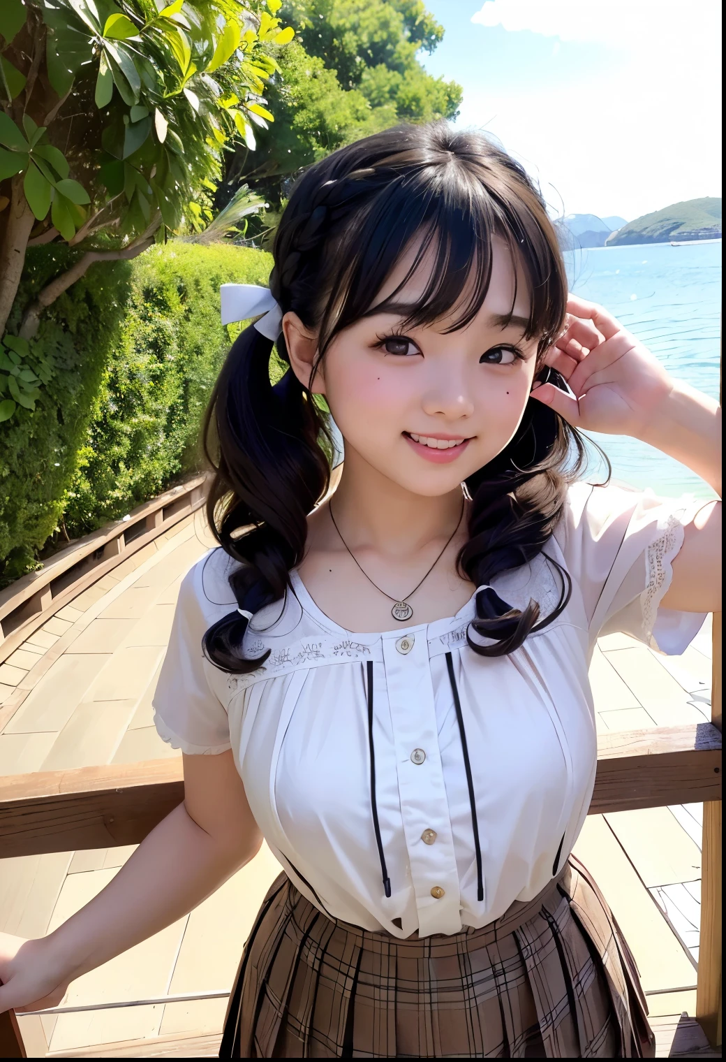 (Highest quality,masterpiece:1.3,Ultra-high resolution),(Very detailed、Caustics) (Realistic:1.4, RAW shooting、)Ultra-Realistic Capture、Very detailed、Natural skin texture、masterpiece、(A Japanese elementary school 女性 wearing a blouse and pleated skirt:1.3)、Adorable expression、Expressions of happiness、、height: 140cm、Baby Face、Pure 女性、Amazingly cute、Twin tail hairstyle、Curly Hair、ribbon、Black Hair、Large Breasts、Shining thighs、Shining ass、necklace、A small park with a view of the sea、Background details、smile、An inviting gaze、(Anatomically correct)、Cowboy Shot、Attention to detail、