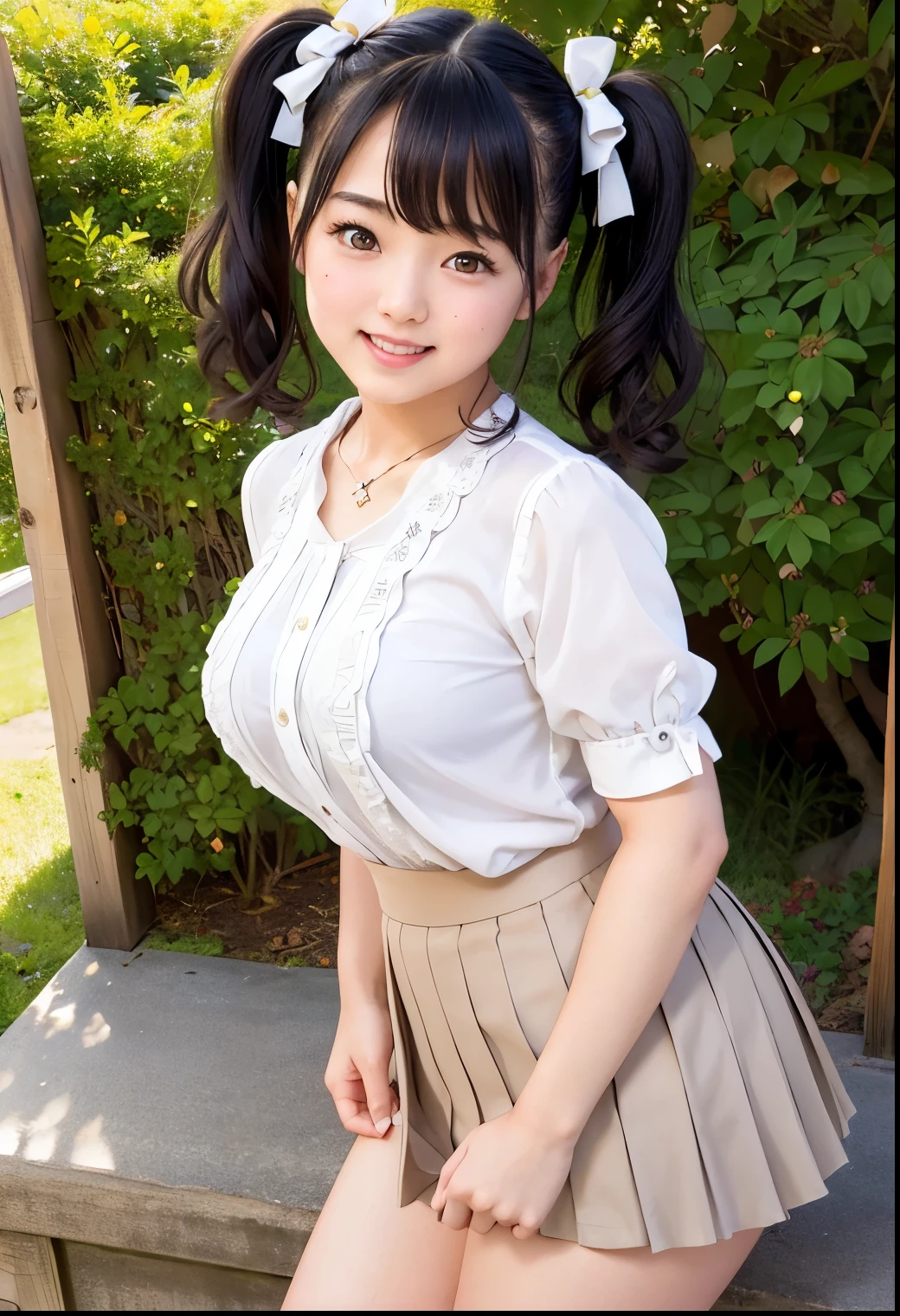 (Highest quality,masterpiece:1.3,Ultra-high resolution),(Very detailed、Caustics) (Realistic:1.4, RAW shooting、)Ultra-Realistic Capture、Very detailed、Natural skin texture、masterpiece、(A Japanese elementary school 女性 wearing a blouse and pleated skirt:1.3)、Adorable expression、Expressions of happiness、、height: 140cm、Baby Face、Pure 女性、Amazingly cute、Twin tail hairstyle、Curly Hair、ribbon、Black Hair、Large Breasts、Shining thighs、Shining ass、necklace、A small park with a view of the sea、Background details、smile、An inviting gaze、(Anatomically correct)、Cowboy Shot、Attention to detail、