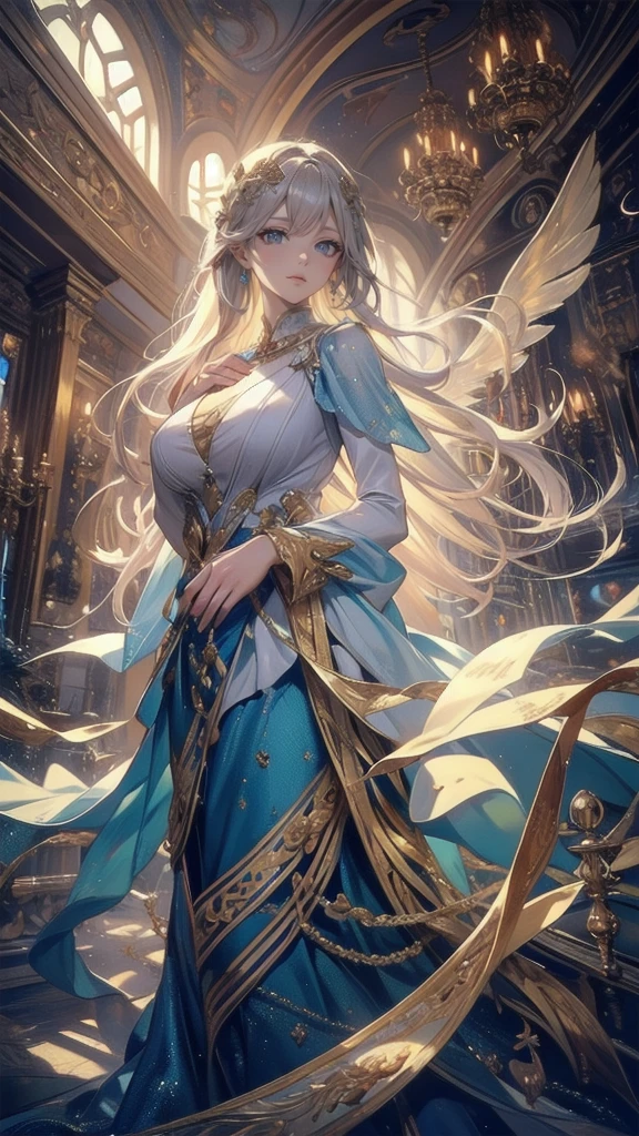 8K resolution, masterpiece, Highest quality, Award-winning works, unrealistic, From above, erotic, sole sexy lady, healthy shaped body, Anatomically accurate skeleton, 22 years old, black mage, 170cm tall, huge firm bouncing busts,, white silver long wavy hair, Detailed facial depictions, Break, Mysterious blue eyes, Standard nose, Eyeliner, pink lips, sexy long legs, Transparent and shiny skin, holy knight, Gothic ruffle long dress, A dress with a complex structure, Seven-colored colorful dress, Clothed in flames, royal coat of arms, elegant, Very detailed, Delicate depiction of hair, miniature painting, Digital Painting, artステーション, コンセプトart, Smooth, Sharp focus, shape, artジャム、Greg Rutkowski、Alphonse Mucha、William Adolphe Bouguereau、art：Stephanie Law , Royal Jewel, nature, Symmetric, Greg Rutkowski, Charlie Bowwater, Unreal, Surreal, Dynamic Lighting, ファンタジーart, Complex colors, Buddhist Mandala, Colorful magic circle, flash, dynamic sexy poses, A kind smile, Mysterious Background, Aura, A gentle gaze, BREAK, Small faint lights and flying fireflies, night, lanthanum, 山の頂From above下界を見下ろす, Starry Sky, milky way, nebula, shooting star, Flowers, birds, wind and moon, (Back view, Looking back towards the camera:1.3), chant healing magic, A pillar of light stretching to the sky, Laser beam, Climb the stairs to heaven