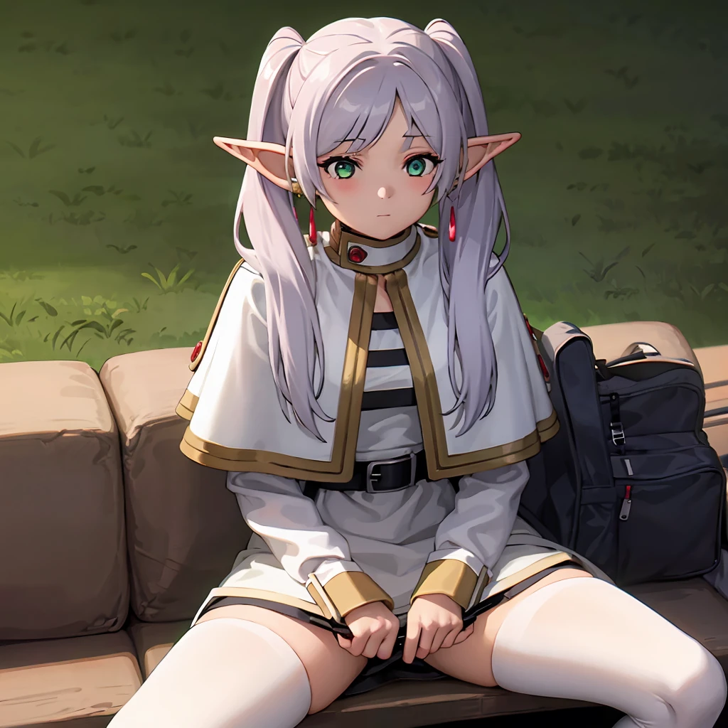  1 girl,  twin tails,  very long hair ,  silver hair,  pointed ears, Elf,  white capelet, green eyes,  Black Pantyhose ,  earrings for a woman alone, White Skirt, belt, White sleeves、((( skirt raised:1.5、Panty shot:1.3)))、Thighs、sit、(Spread your legs wide:1.5)