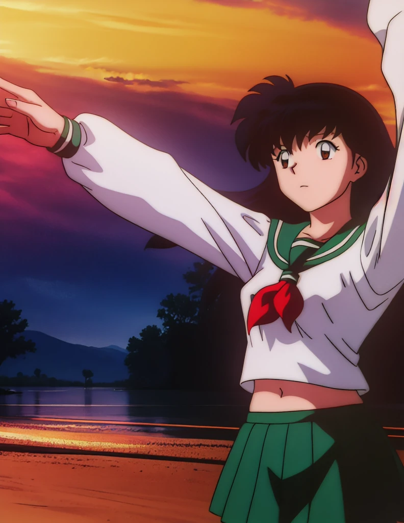 1girl, solo, outdoors, long hair, brown eyes, school uniform,(Masterpiece: 1.6, Best Quality), (Fine Beautiful Eyes: 1.2), (best quality, masterpiece, higher), green school uniform, soft thighs , long sleeves, white socks, scenery , Best Quality, ((anime)) ((Colored)) HD, Kagome Higurashi ,school uniforms, Standing, Green skirt, Red scarf, long hair, Black hair between the eyes, Thighs are soft, school background , black hair, skirt ,standing, green skirt, serafuku, belly button, navel, stretching, both arms up high