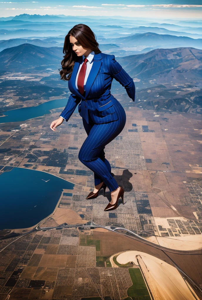 A sophisticated and stylish woman in a light blue pinstriped trouser suit, white shirt, and a large wide red necktie in a windsor knot, with a beautiful, curvaceous figure, massive breasts, and long brown hair, with a curvaceous figure and massive breasts. wearing rounded platform high heels with uncovered feet and laying down, rampage-like pose, with a cityscape background of mega-city, urban sprawl, and small towns, giant montains, partially obscured by a hazy, cloudy atmosphere. The image is a high-resolution, masterpiece-quality, cinematic, ultra-detailed, and hyper-photorealistic photograph, with perfect hands, face, and lighting. ultra-detailed, 8K, photo-realistic, hyper-realistic, masterpiece, intricate details, full body view. Looking at camera, The image is a high-resolution, masterpiece-quality, cinematic, ultra-detailed, and hyper-photorealistic photograph, with perfect hands, face, and lighting. ultra-detailed, 8K, photo-realistic, hyper-realistic, masterpiece, intricate details, full body view