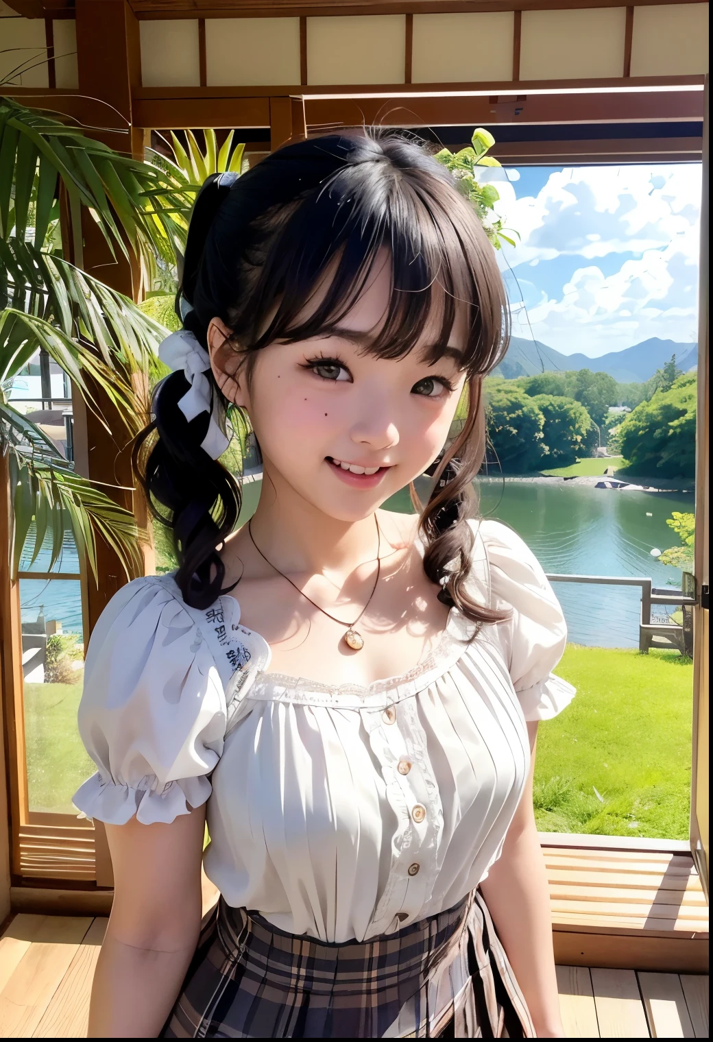 (Highest quality,masterpiece:1.3,Ultra-high resolution),(Very detailed、Caustics) (Realistic:1.4, RAW shooting、)Ultra-Realistic Capture、Very detailed、Natural skin texture、masterpiece、(A Japanese elementary school 女性 wearing a blouse and pleated skirt:1.3)、Adorable expression、Expressions of happiness、、height: 140cm、Baby Face、Pure 女性、Amazingly cute、Twin tail hairstyle、Curly Hair、ribbon、Black Hair、Large Breasts、Shining thighs、Shining ass、necklace、A small park with a view of the sea、Background details、smile、An inviting gaze、(Anatomically correct)、Cowboy Shot、Attention to detail、