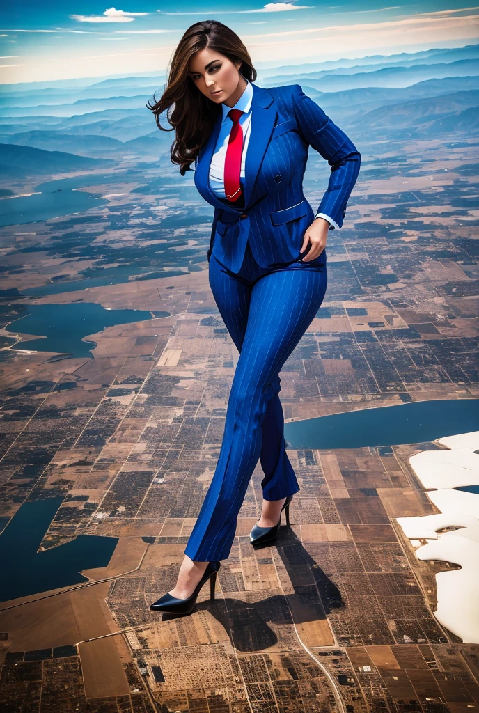 A sophisticated and stylish woman in a light blue pinstriped trouser suit, white shirt, and a large wide red necktie in a windsor knot, with a beautiful, curvaceous figure, massive breasts, and long brown hair, with a curvaceous figure and massive breasts. wearing rounded platform high heels with uncovered feet and laying down, rampage-like pose, with a cityscape background of mega-city, urban sprawl, and small towns, giant montains, partially obscured by a hazy, cloudy atmosphere. The image is a high-resolution, masterpiece-quality, cinematic, ultra-detailed, and hyper-photorealistic photograph, with perfect hands, face, and lighting. ultra-detailed, 8K, photo-realistic, hyper-realistic, masterpiece, intricate details, full body view. Looking at camera, The image is a high-resolution, masterpiece-quality, cinematic, ultra-detailed, and hyper-photorealistic photograph, with perfect hands, face, and lighting. ultra-detailed, 8K, photo-realistic, hyper-realistic, masterpiece, intricate details, full body view