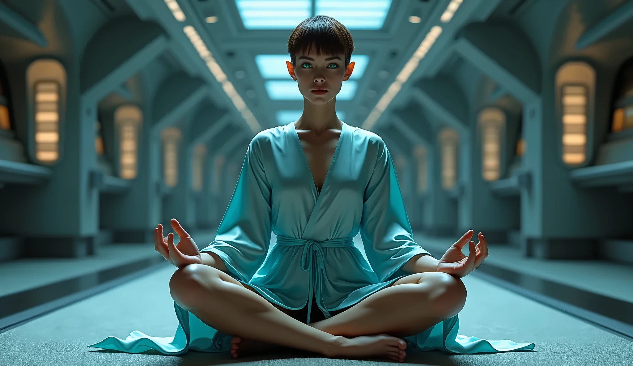 photograph,  realistic photo , sci-fi, Star Trek Enterprise, alien girl, personality,  volcano T'Pol , (rosto e Body de Jolene Blalock),  short brown straight hair pixie style , androgynous hair , exposed pointed ear ,  light turquoise green eyes , Beautiful, sexy, attractive,  feeling of passion ,  sitting in a calm and organized place inside the spaceship, meditating,  wearing short satin robe in the color Light Blue  #ADDD8E6 ,  Buddhist meditation posture , lotus position, erect spine, legs crossed, feet em oposição às coxas, arms stretched out, hands na posição vajra, (Perfect human anatomy: Body, feet, hands, fingers and nails ), elegant posture, captivating beauty, fetish, sensuality,  dazzling cinematic lighting ,  realistic photo , hyper-realistic, colorful,  surprising contrasting dark colors , Absurd, Ultra Detailed,  tall details, (First work 1.5, intense details), panoramic view, wide angle, 8k,  high resolution ,  best quality, 16:9