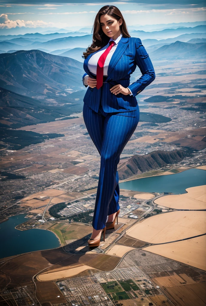 A sophisticated and stylish woman in a light blue pinstriped trouser suit, white shirt, and a large wide red necktie in a windsor knot, with a beautiful, curvaceous figure, massive breasts, and long brown hair, with a curvaceous figure and massive breasts. wearing rounded platform high heels with uncovered feet and laying down, rampage-like pose, with a cityscape background of mega-city, urban sprawl, and small towns, giant montains, partially obscured by a hazy, cloudy atmosphere. The image is a high-resolution, masterpiece-quality, cinematic, ultra-detailed, and hyper-photorealistic photograph, with perfect hands, face, and lighting. ultra-detailed, 8K, photo-realistic, hyper-realistic, masterpiece, intricate details, full body view. Looking at camera, The image is a high-resolution, masterpiece-quality, cinematic, ultra-detailed, and hyper-photorealistic photograph, with perfect hands, face, and lighting. ultra-detailed, 8K, photo-realistic, hyper-realistic, masterpiece, intricate details, full body view