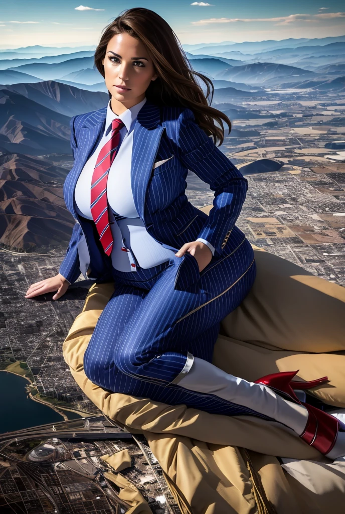 A sophisticated and stylish woman in a light blue pinstriped trouser suit, white shirt, and a large wide red necktie in a windsor knot, with a beautiful, curvaceous figure, massive breasts, and long brown hair, with a curvaceous figure and massive breasts. wearing rounded platform high heels with uncovered feet and laying down, rampage-like pose, with a cityscape background of mega-city, urban sprawl, and small towns, giant montains, partially obscured by a hazy, cloudy atmosphere. The image is a high-resolution, masterpiece-quality, cinematic, ultra-detailed, and hyper-photorealistic photograph, with perfect hands, face, and lighting. ultra-detailed, 8K, photo-realistic, hyper-realistic, masterpiece, intricate details, full body view. Looking at camera, The image is a high-resolution, masterpiece-quality, cinematic, ultra-detailed, and hyper-photorealistic photograph, with perfect hands, face, and lighting. ultra-detailed, 8K, photo-realistic, hyper-realistic, masterpiece, intricate details, full body view