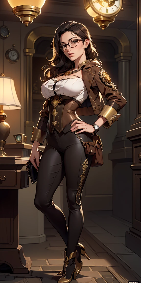 Hyper realistic super detailed sexy  amber genshin impact (A person), ( masterpiece ,  best quality), ( A beautiful 25-year-old British watch mechanic ), (short and wavy black hair), (golden brown eyes), (light skin), ( Wearing brown and gold steampunk clothing with glasses and eshos,  with ornate gold clocks and gears ), ( Steampunk city road during the day ), ( dynamic pose ), Centralized, (Half-body plane : 1.4), front view, insane details, intricate details of the face,  Intricate hand details ,  Cinematic plan and lighting ,  realistic and vibrant colors,  masterpiece , sharp focus, highly detailed,  Taken with DSLR camera ,  depth of field , Realistic Environment and Scene,  Master composition and cinematography 