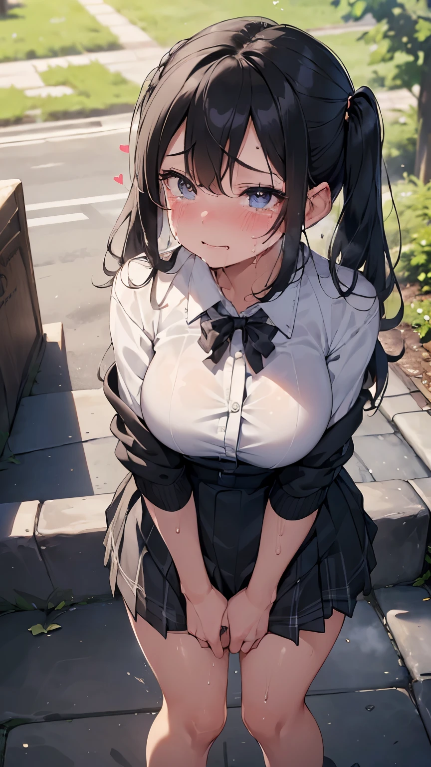 (masterpiece,beautiful,hughres,CG,8k,16k,best quality,high-resolution,detailed fingers,detailed hands,detailed legs,detailed eyes:1.7),(cowboy shot,crotch focus:1.6),1girl,(school uniforms,black cardigan,white shirt,plaid skirt,black skirt,black hair,twintails,large breasts:1.6),(red bowtie:1.2),(outdoors,sidewalk:1.5),(have to pee:1.3),(urge to pee:1.4),(very desperate to pee:1.6),(standing:1.4),(knees together and feet apart:1.3),(rub each other's knees:1.6),(hand between legs,holding the crotch:1.6),(erotic waist twist:1.6),(trembling,female orgasm,pussy juice:1.7),(embarrassed,gasping,heavy breathing,blush:1.6),(impatience:1.3),(flustered:1.2),(fidgeting around:1.5),(steam:1.5),(sweat skin:1.6),(tearing up,streaming tears:1.4),(drooling:1.3),(looking down at viewer:1.4),(biting own lip:1.3),(spoken heart:1.3)、Exposing the breasts、Bare your breasts、Nipples