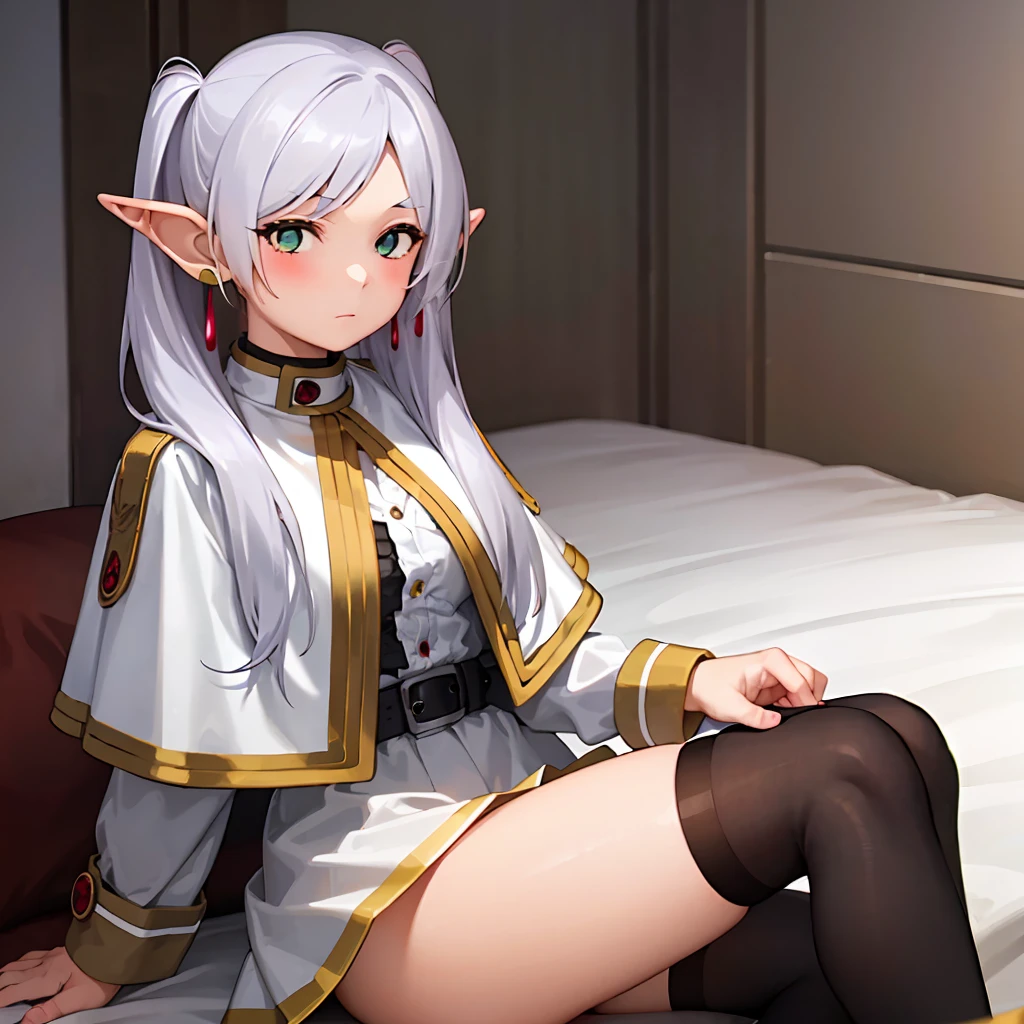  1 girl,  twin tails,  very long hair ,  silver hair,  pointed ears, Elf,  white capelet, green eyes,  Black Pantyhose ,  earrings for a woman alone, White Skirt, belt, White sleeves、((( skirt raised:1.5、Panty shot:1.3)))、Thighs、sit、(With your legs apart、 opens the knee wide )