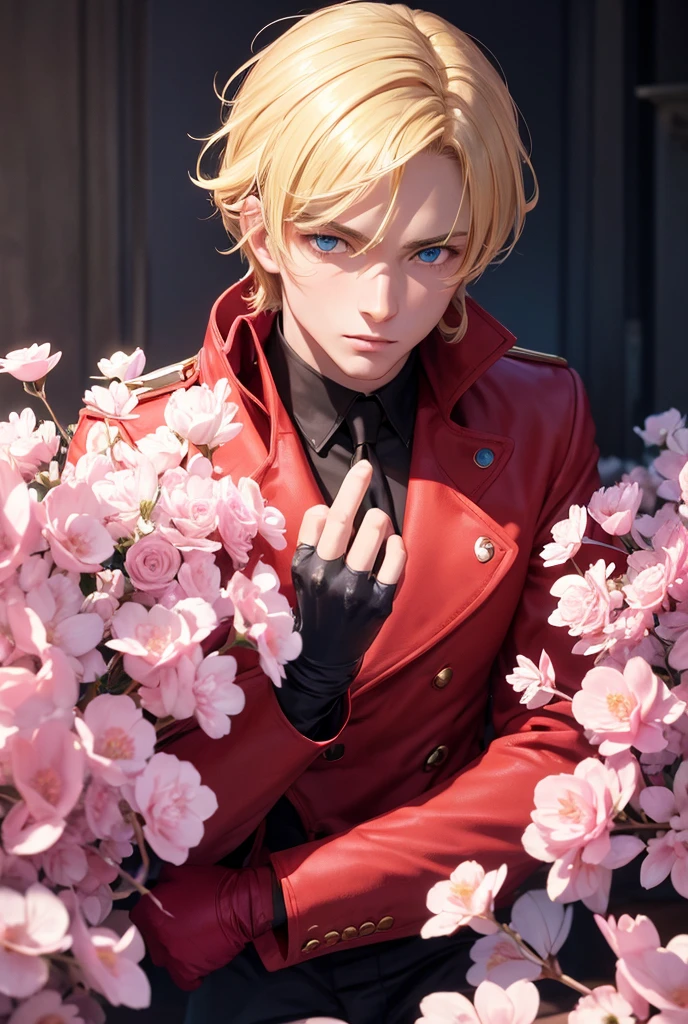   High resolution,  swimsuit ,   masterpiece ,  better quality,  extremely detailed face and eyes, blonde hair,  expressive blue eyes ,  red jacket,  white shirt ,  black gloves, Alone, sexy man, handsome, Pink flowers, 