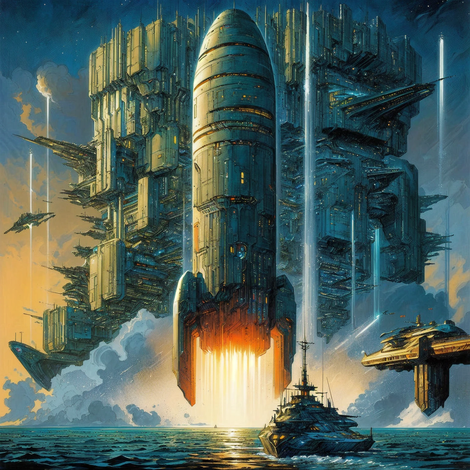 futuristic city with a boat in the water and a boat in the water, depicted as a scifi scene, style of Moebius, Métal Hurlant, Style of Philippe Druillet, concept art of chris foss, science fiction art, sci-fi fantasy wallpaper, 7 0 s sci - fi art, japanese sci - fi books art, inspired by Stephan Martinière, in a sci-fi shipping port, les edwards poster art