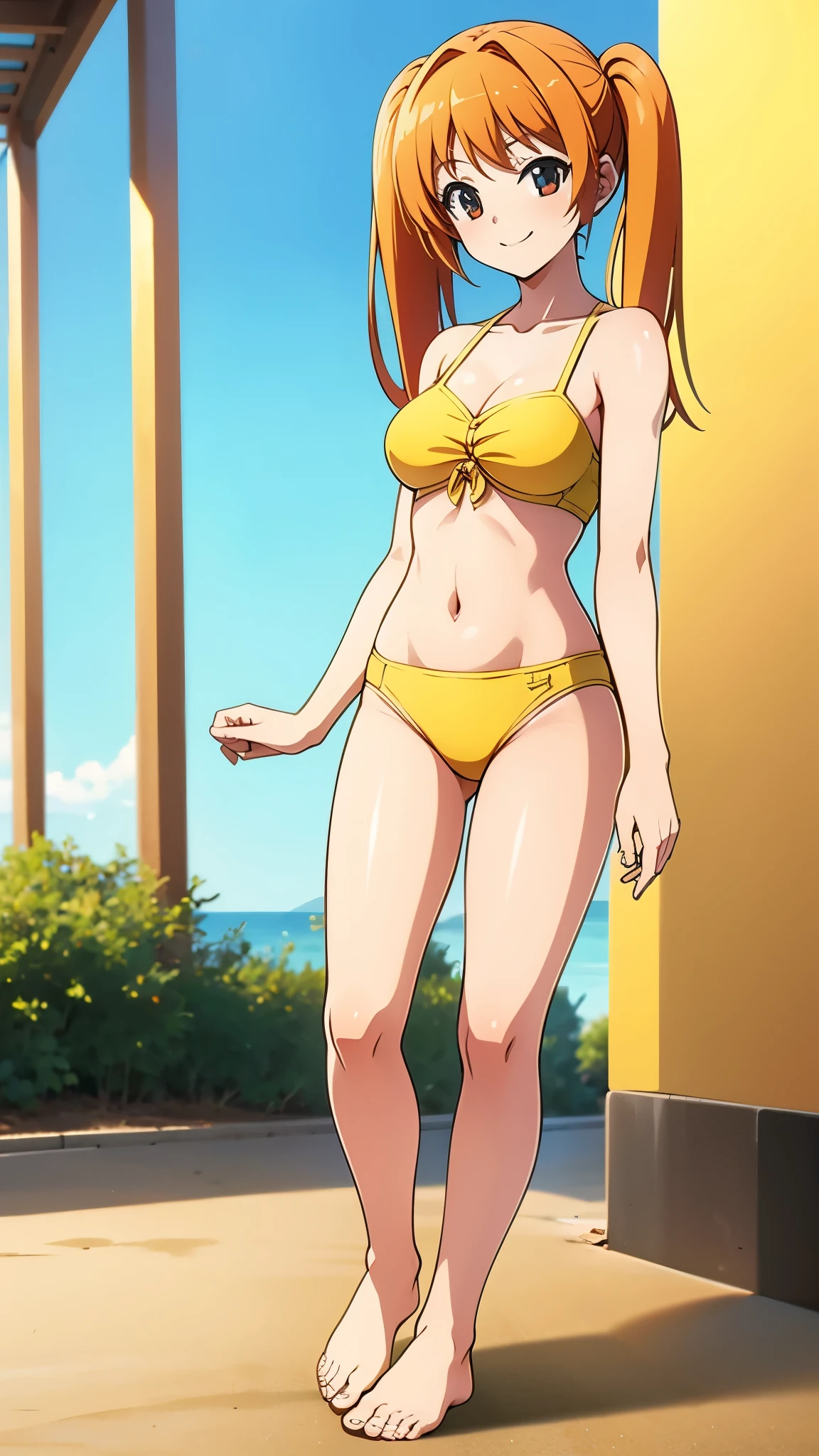 anime style, poolside, bold line:-1, orange hair1:4, full body shot, yellow bandeau bikini1:3, bare foot1:2, break high bridge1:8, BREAK super straight hair, BREAK smile, BREAK long side twin tails1:6, standing, (best quality,4k,8k,highres,masterpiece:1.2),ultra-detailed,