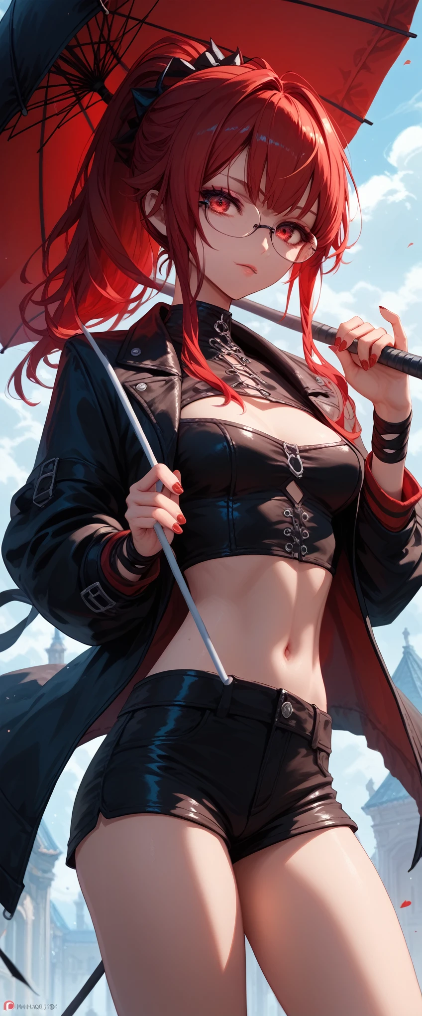 Red red hair , rpg, mucus, Smooth leather , glasses, ponytail, erotic pose, cutout,umbrella, High School of the Dead , 4K, short shorts, topic