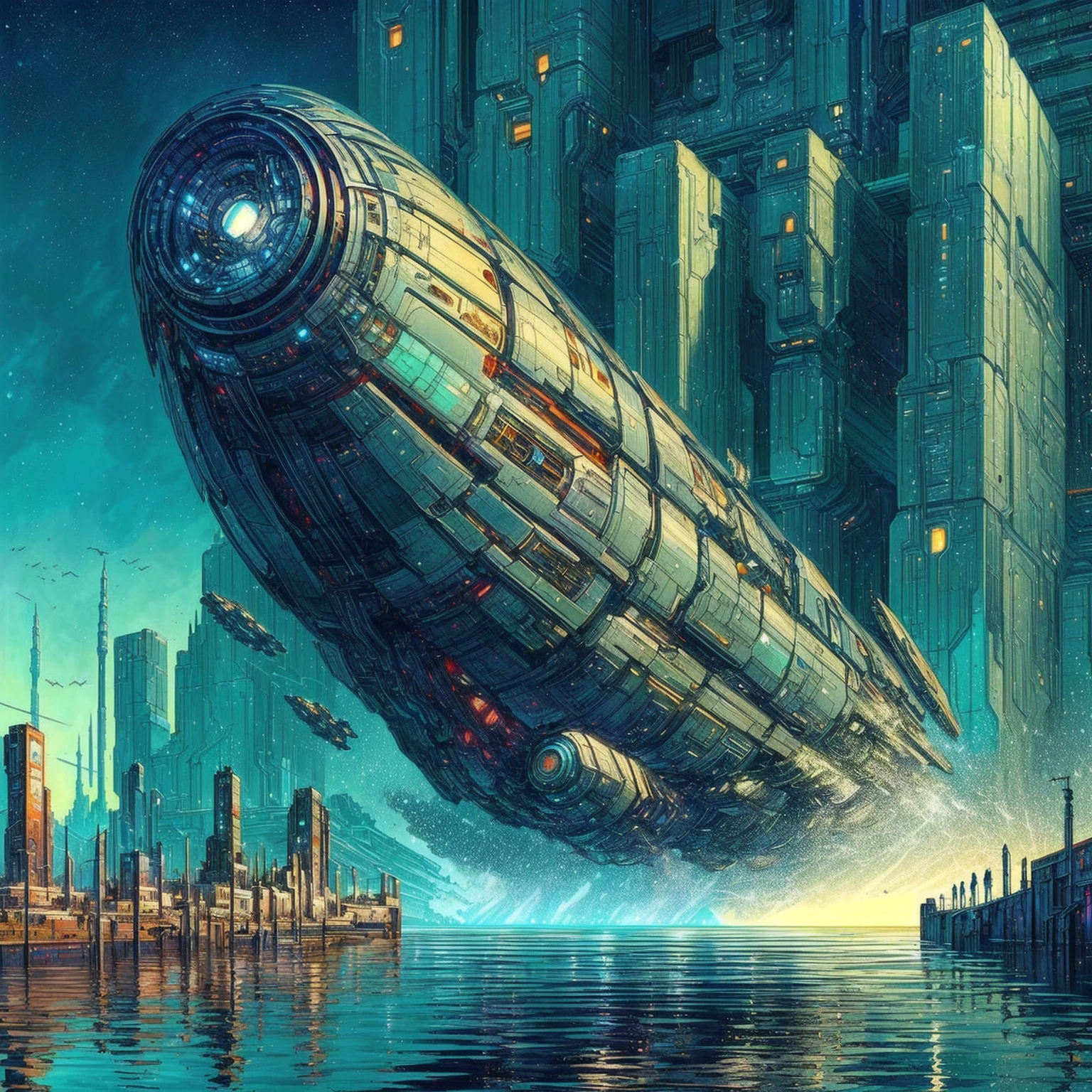 futuristic city with a giant spaceship rising from the water, style of Moebius, Métal Hurlant, Style of Philippe Druillet,  4k solarpunk wallpaper, greg beeple, sci-fi fantasy wallpaper, science fiction art, amazing wallpaper, sci-fi fantasy desktop wallpaper, science fiction digital art, detailed sci-fi art, floating city, retro futurism art, science-fiction art wallpaper, sci-fi digital art