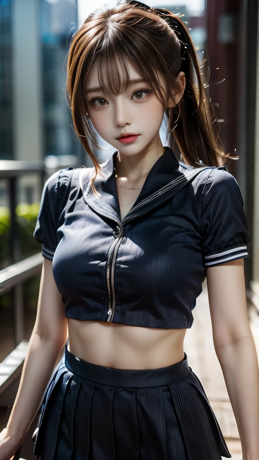 An innocent 20-year-old girl, (white sleeveless collared shirt and tie:1.5), (Leather mini Skirt with Stockings and Garter Set:1.5), (high heels), (Dramatic Pose),smile, (High Ponytail),natural Park、RAW Photos, (8k, highest quality, masterpiece:1.2), (Intricate details:1.4)、(Photorealistic:1.4), Octane Rendering, Complex 3D rendering with ultra-detail, Studio Soft Light, Rim Light, Vivid details, Super Detail, Realistic skin texture, Detailed aspect, Beautiful details in the eyes, Highly detailed CG Unity 16k wallpaper, compensate, (Detailed Background:1.2), Glowing Skin, whole body, ((thin legs)), small waist, Cleavage, (looking at viewer:1.2), (lying on stomach:1.5)