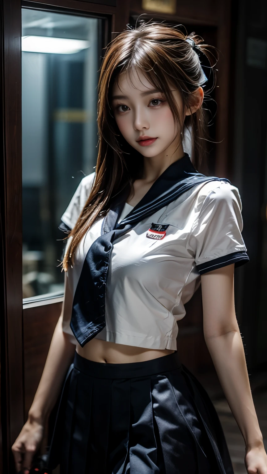 Best quality, RAW photos, super high resolution, gentle smile, 16 years old Korean, very big breasts, cleavage, tie, ribbon, school uniform, collared shirt, school uniform shirt, plaid skirt, fair skin, shiny white skin, short bob, bright silver hair, bright gray hair, neatly matched bangs, beautiful eyes, beautiful eyes of random colors, very thin lips, beautiful eyes with details, elongated eyes, pale pink blush, long eyelashes, beautiful double eyelids, eyeshadow, earrings, night school, dim poolside at night,