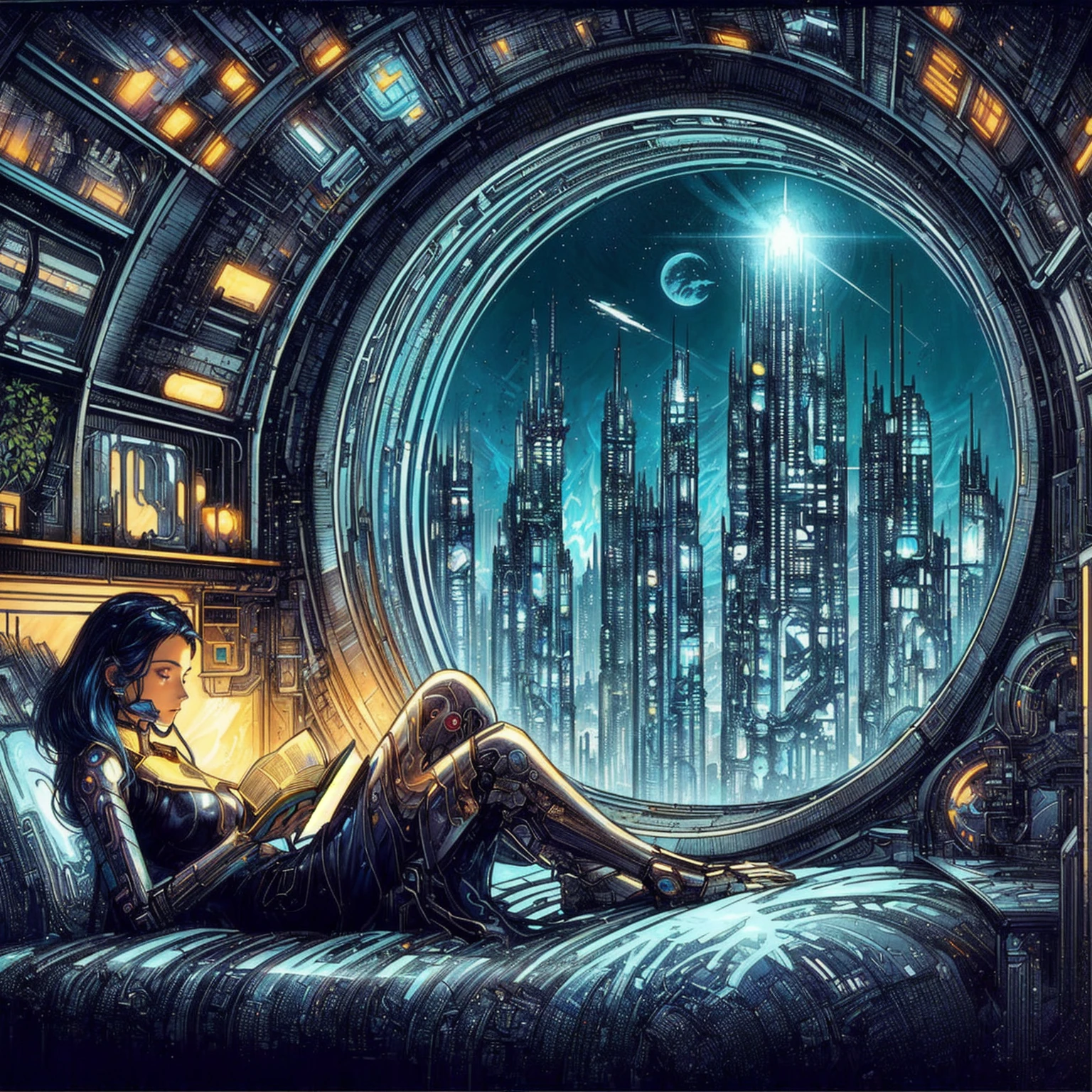 arafed woman reading a book in a windowed room with a city view, in fantasy sci - fi city, futuristic utopian fantasy, style of Moebius, Métal Hurlant, Style of Philippe Druillet, science fiction art, science fiction art ], science fiction fantasy, sci-fi illustrations, sci - fi illustrations, sci fi art, in a future city, cyberpunk dreamscape, in a futuristic city