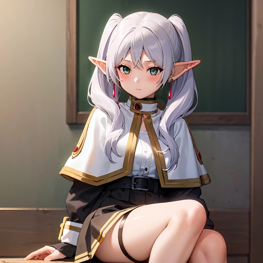  1 girl,  twin tails,  very long hair ,  silver hair,  pointed ears, Elf,  white capelet, green eyes,  Black Pantyhose ,  earrings for a woman alone, White Skirt, belt, White sleeves、((( skirt raised:1.5、Panty shot:1.3)))、Thighs、sit、(((With your legs apart:1.2、 opens the knee wide :1.2)))