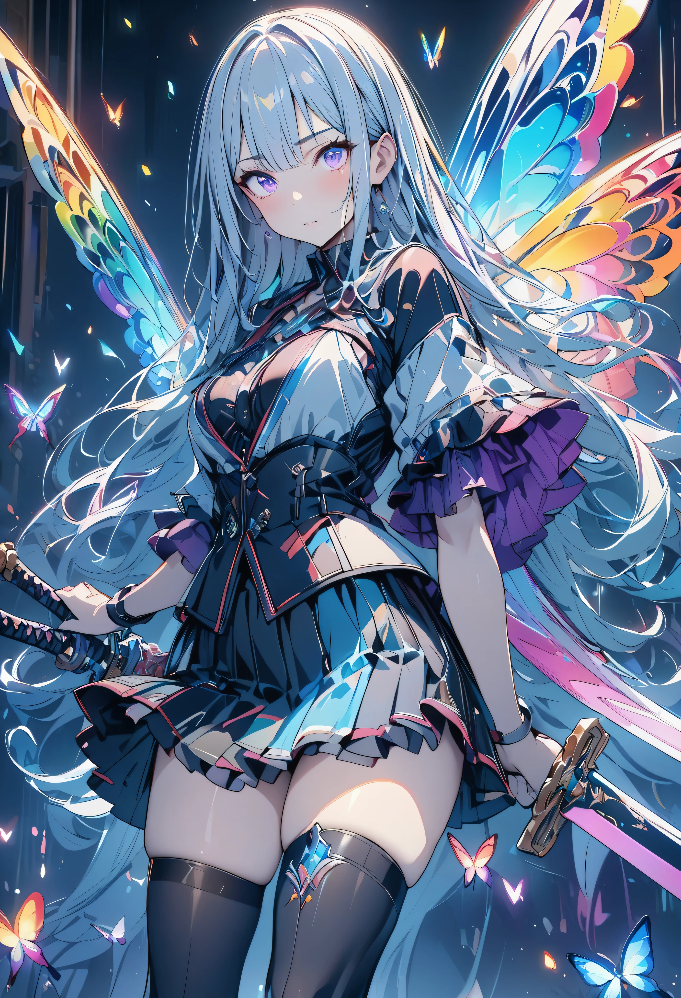 (masterpiece, Best Quality:1.2),colorful,  1 girl, Gray Hair,  purple eyes,  dual weeding that destroys reality , sword,  sword, blue flame, Shine, Shine weapon,  light particles , wallpaper,  Chromatic Avalation,  too much exposed skin  , skirt、 Black Knee High 、Destroying reality、I can see the rainbow butterfly 、Diffuse reflection of light