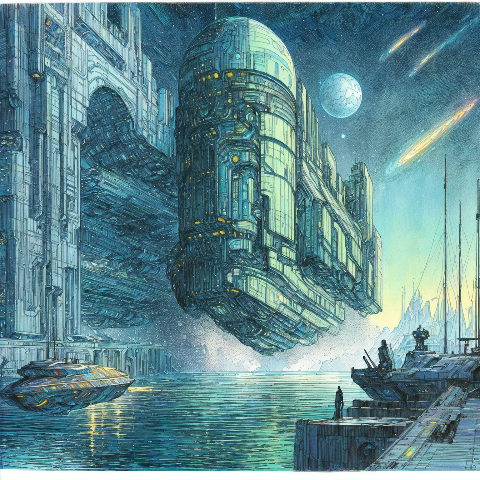 painting of a futuristic city with a spaceship in the water, style of Moebius, Métal Hurlant, Style of Philippe Druillet, peter gric and dan mumford, detailed sci-fi art, science fiction art, inspired by Johfra Bosschart, science fiction art ], ancient science fiction art, floating city, inspired by Stephan Martinière, sci - fi illustrations, sci-fi illustrations, painting of ornate space ship