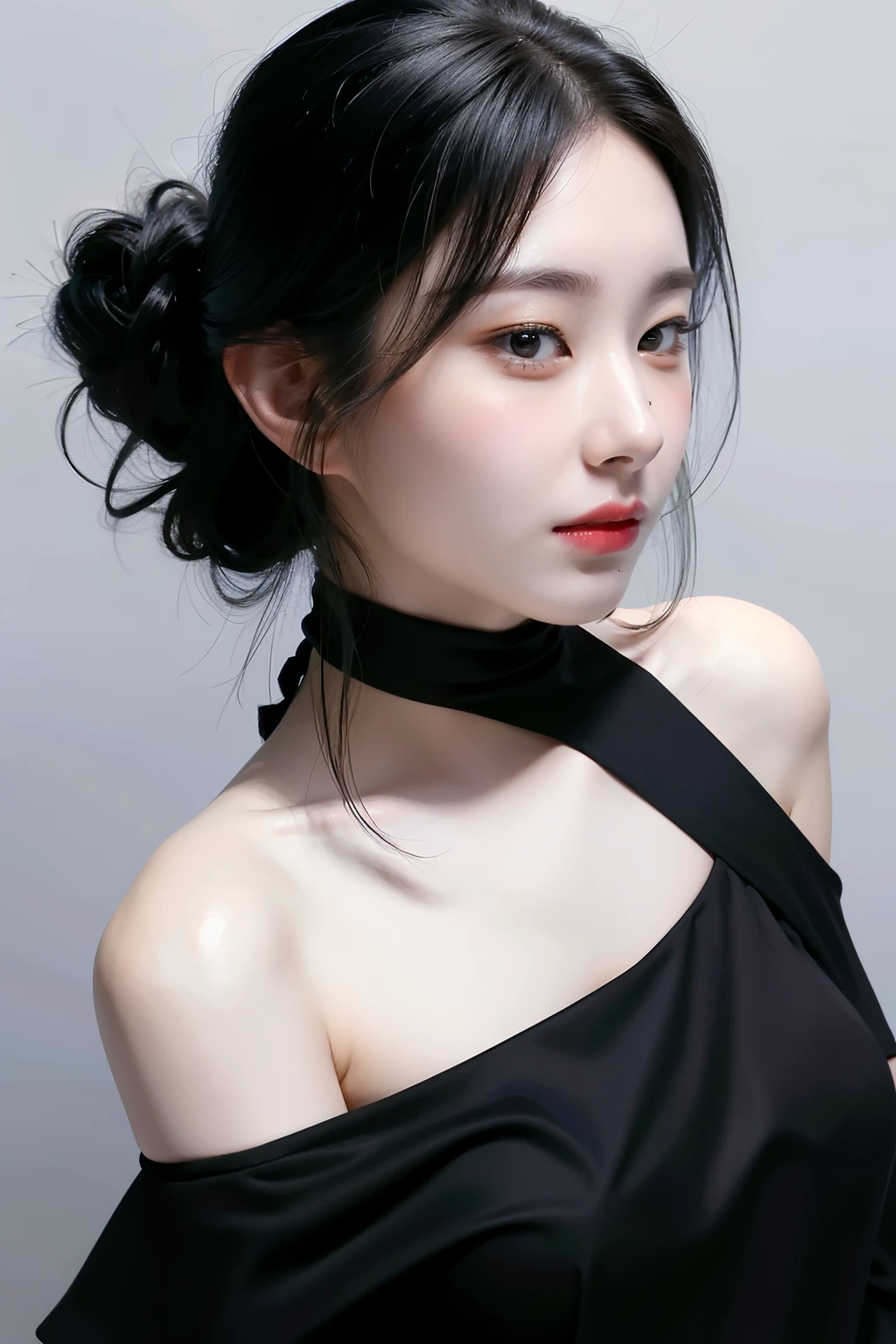 Best Quality, masterpiece,  Ultra Hi-Res, (photoRealistic:1.4),  RAW Photos, 1 girl, Alone, Realistic,  , close-up, simple background ,  black dress, off-shoulder fellatio