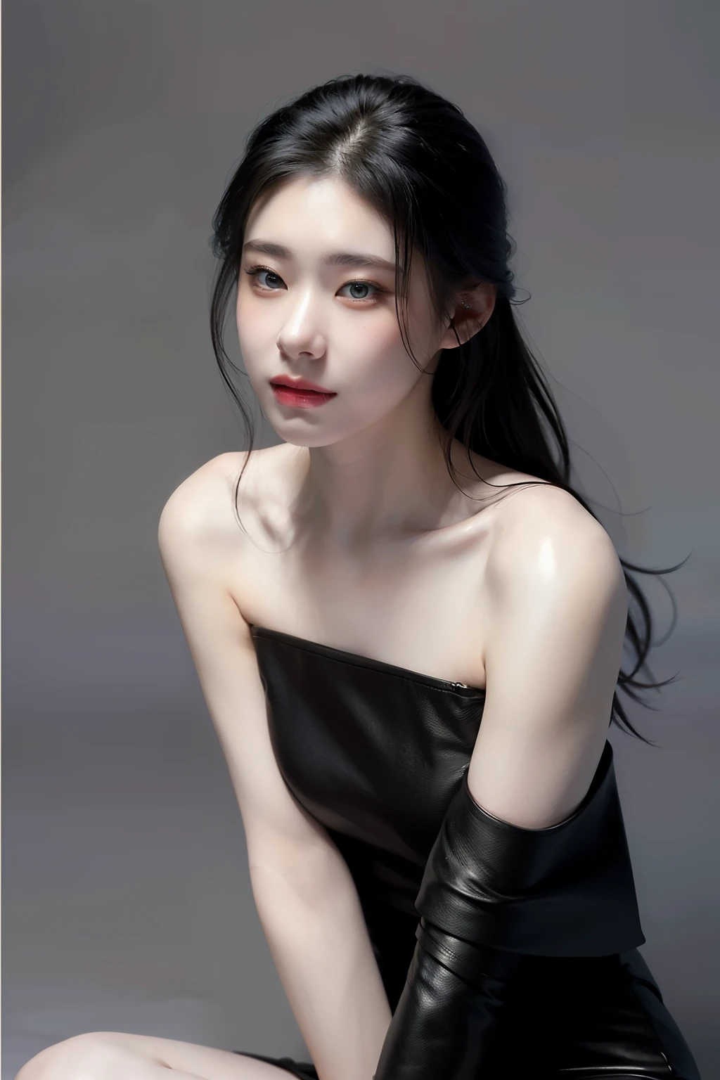 Best Quality, masterpiece,  Ultra Hi-Res, (photoRealistic:1.4),  RAW Photos, 1 girl, Alone, Realistic,  , close-up, simple background ,  black dress, off-shoulder fellatio