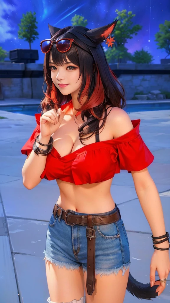 a girl with a cat ear and a red top wearing red sunglasses on head, final fantasy 14 style, style of final + fantasy + 14, final fantasy 14 screenshot, style game square enix, black red - haired Miqo'te, mmorpgs scene, beautiful screenshot, women with cute smile, charater from final Fantasy 14,a cute cat girl, female with cat ear, hand on the hips, female Miqote, alluring mesmer woman, close up half body shot, full body close-up shot, black hair with red highlights hair, elegant waves hairstyle, swept bangs, soft light, high detailed, 4k resolution, high quality, masterpiece、top-quality、(highly detailed),

