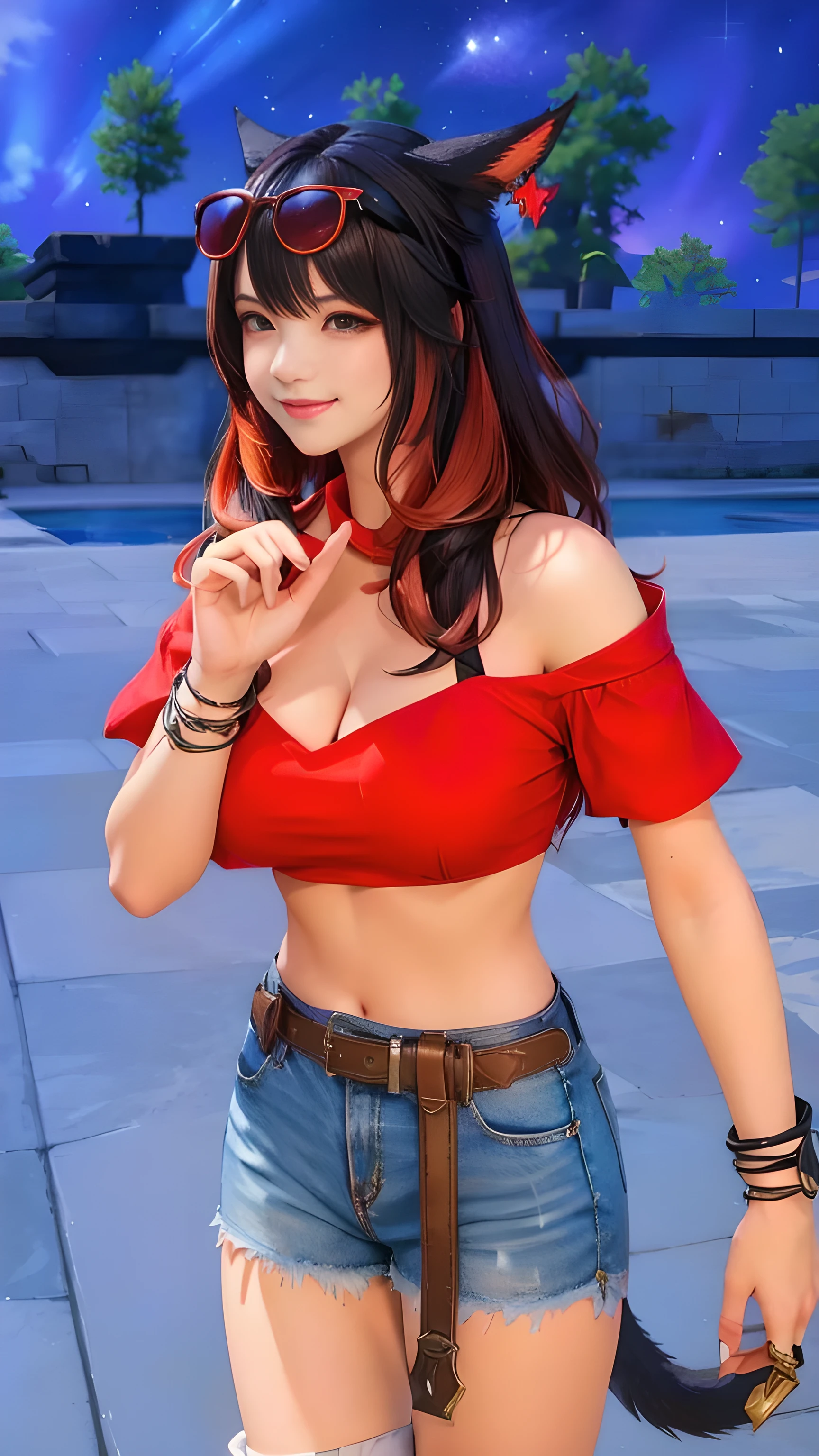 a girl with a cat ear and a red top wearing red sunglasses on head, final fantasy 14 style, style of final + fantasy + 14, final fantasy 14 screenshot, style game square enix, black red - haired Miqo'te, mmorpgs scene, beautiful screenshot, women with cute smile, charater from final Fantasy 14,a cute cat girl, female with cat ear, hand on the hips, female Miqote, alluring mesmer woman, close up half body shot, full body close-up shot, black hair with red highlights hair, elegant waves hairstyle, swept bangs, soft light, high detailed, 4k resolution, high quality, masterpiece、top-quality、(highly detailed),

