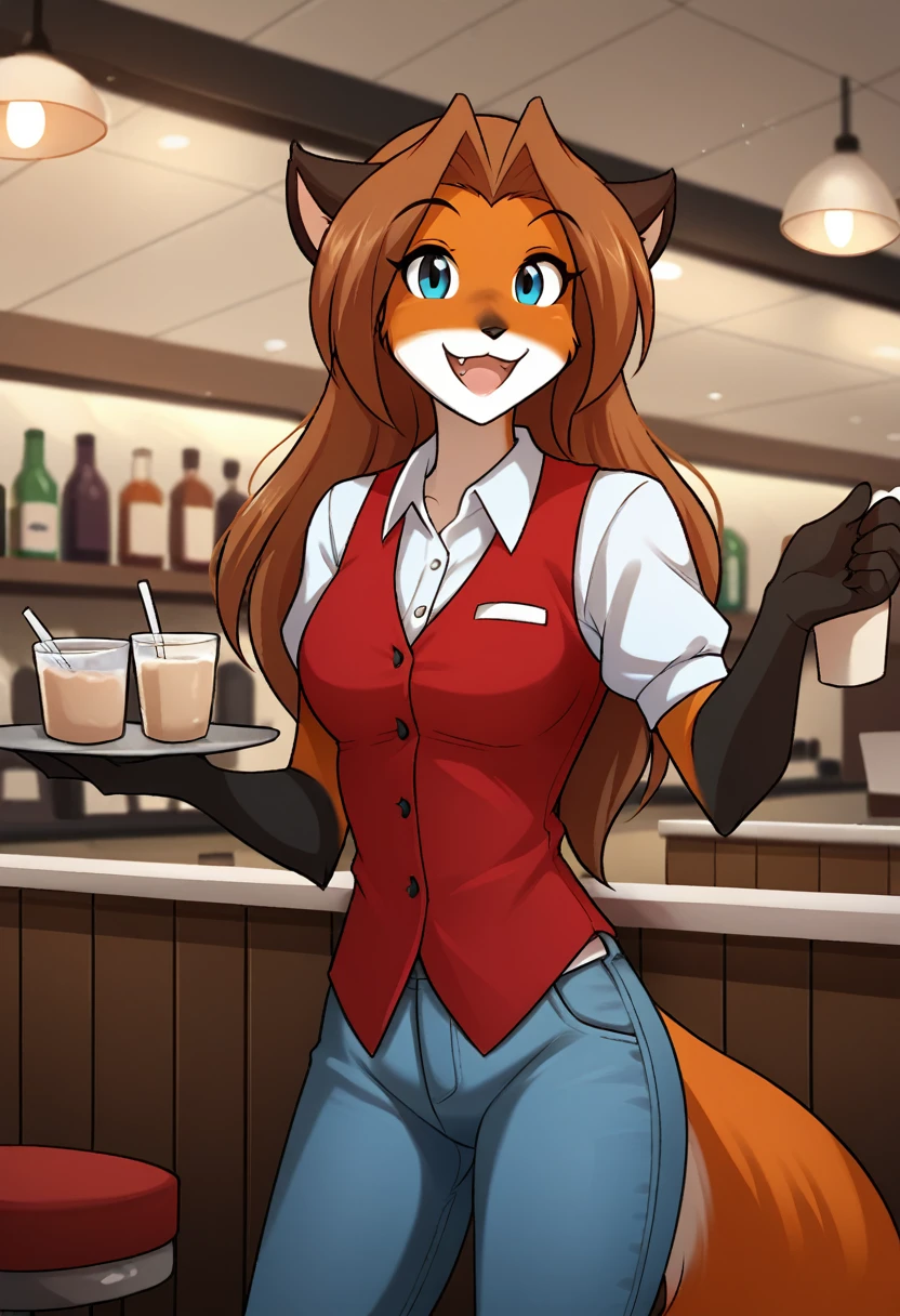 score_9, score_8_up, score_7_up,score_6_up,score_5_up, source_furry
BREAK
solo, furry female anthro, (red vest, waitress, beige jeans), (medium breasts:1.4), cafe, looking at viewer, (happy), (navel)
BREAK
laura-twokinds, long hair, fox tail