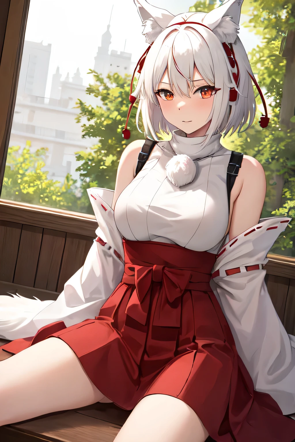 Best Quality, masterpiece,  high definition, One person, {inubashiri_Momiji_East:1.15}, animal_, Wolf_, short_hair, red_eye, white_hair, , talk&#39;_, Wolf_Tail, Tail, red面, Chest, One personの女の子,  no _Have, white_background, Simple_background, [Exactly_ Shoulder ,  staring _in_audience,  upper _body,[Exactly_naked_