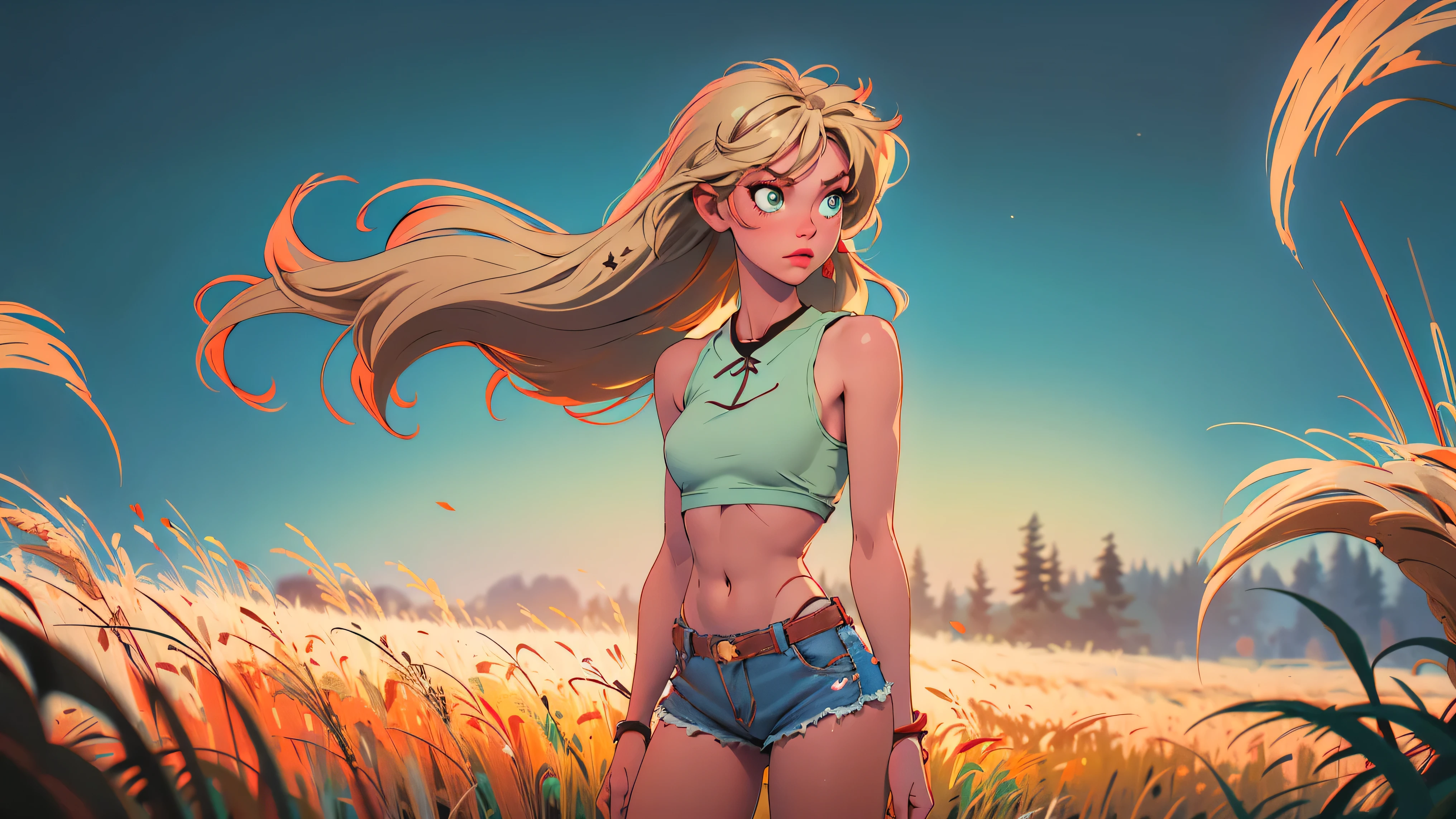 1girl, solo, (masterpiece, best quality, High Detail, 8K), blonde, long wavy hair, twintails with red ribbons in hair, dark tanned skin, extremely sexy, bikini tan, large breasts, Head to hips shot, Full body shot, cowboy shot, skinny, large green eyes, ((thin waist, small hips, long torso)), ((Dean Yeagle Style - Mandy)), wearing cutoff bluejean short-shorts, country girl, standing in a wheat field, farm background, wheat field,