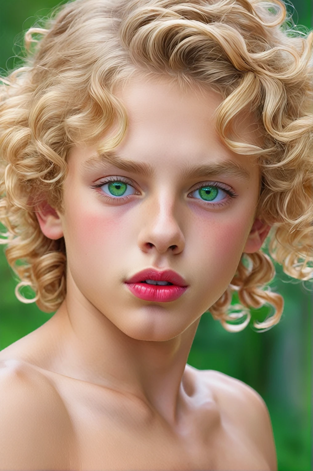 (masterpiece),(best quality:1.1),(ultra-detailed),best illustration,finely detail,(portrait:1.1),(intense close-up),1boy,solo,13 y/o,musular(extremely delicate and beautiful face),(detailed beautiful green eyes),pink thick lips,(blond curly hair),(dressed in tight red micro-thongs with a bulge),soft and lazy,(schoolyard in background:1.2)whole colored background,clear,4K