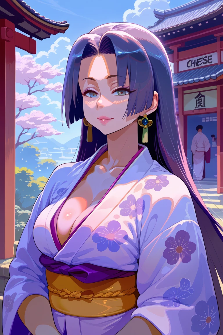 masterpiece、Highest quality、One mature woman、Raikou、母性的なsmile、Big Breasts、Purple Hair、tss、Score 9、Score 8 up、Score 7 up、Score 6 up、Source Anime、、1 girl、Minamoto Yorimitsu(Fate)、kimono、kimono、Long Hair、Purple Hair、solo、Purple Eyes、Cleavage、分けたbangs、cherry blossoms、Very long hair、cup、紫のkimono、Big Breasts、bangs、smile、clavicle、blush、Sash、Staring at the audience、petal、Long hair tied low、Outdoor、Have、カップをHave、wood
