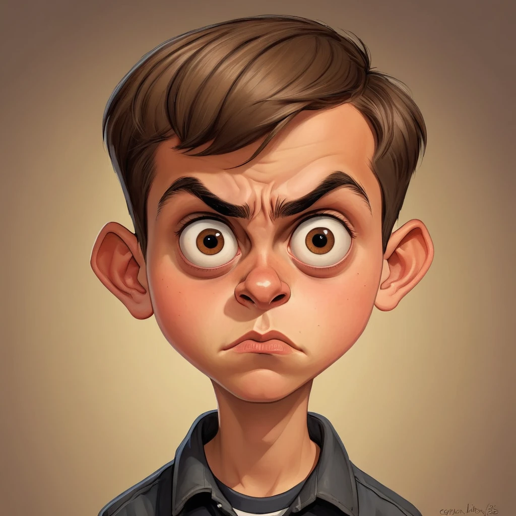 Funny caricature of a fifteen-year-old boy with short, cropped light brown hair, brown eyes, a serious face with an evil expression