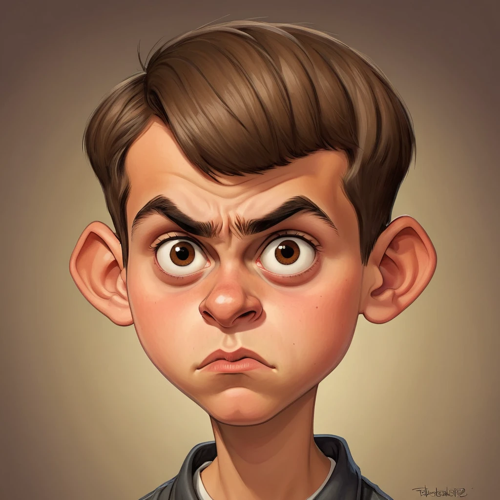 Funny caricature of a -year-oly withort, cropped light brown hair, brown eyes, a serious face with an evil expression