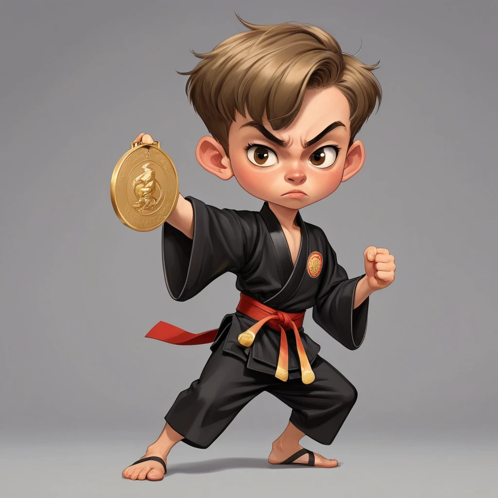 Funny caricature of a fifteen-year-old boy with short, cropped light brown hair, brown eyes, a serious face with an evil expression, holding a hanging gold medal in his right hand, his body in a fighting and attacking position, black kimono, barefoot, on the waist a centralized gray belt