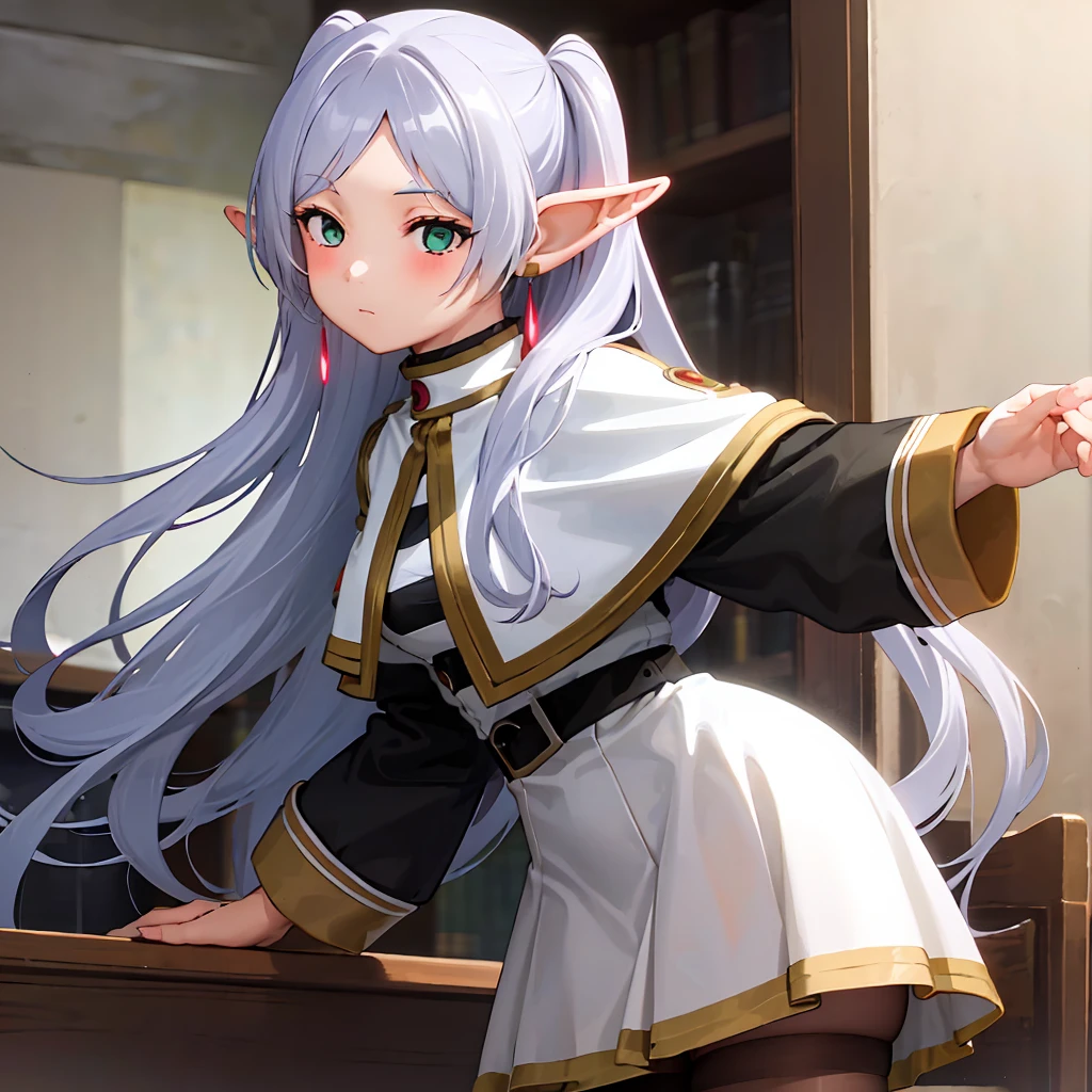  1 girl,  twin tails,  very long hair ,  silver hair,  pointed ears, Elf,  white capelet, green eyes,  Black Pantyhose ,  earrings for a woman alone, White Skirt, belt, White sleeves、((( skirt raised:1.2、Panty shot:1.3)))、Thighs、Backwards、look back