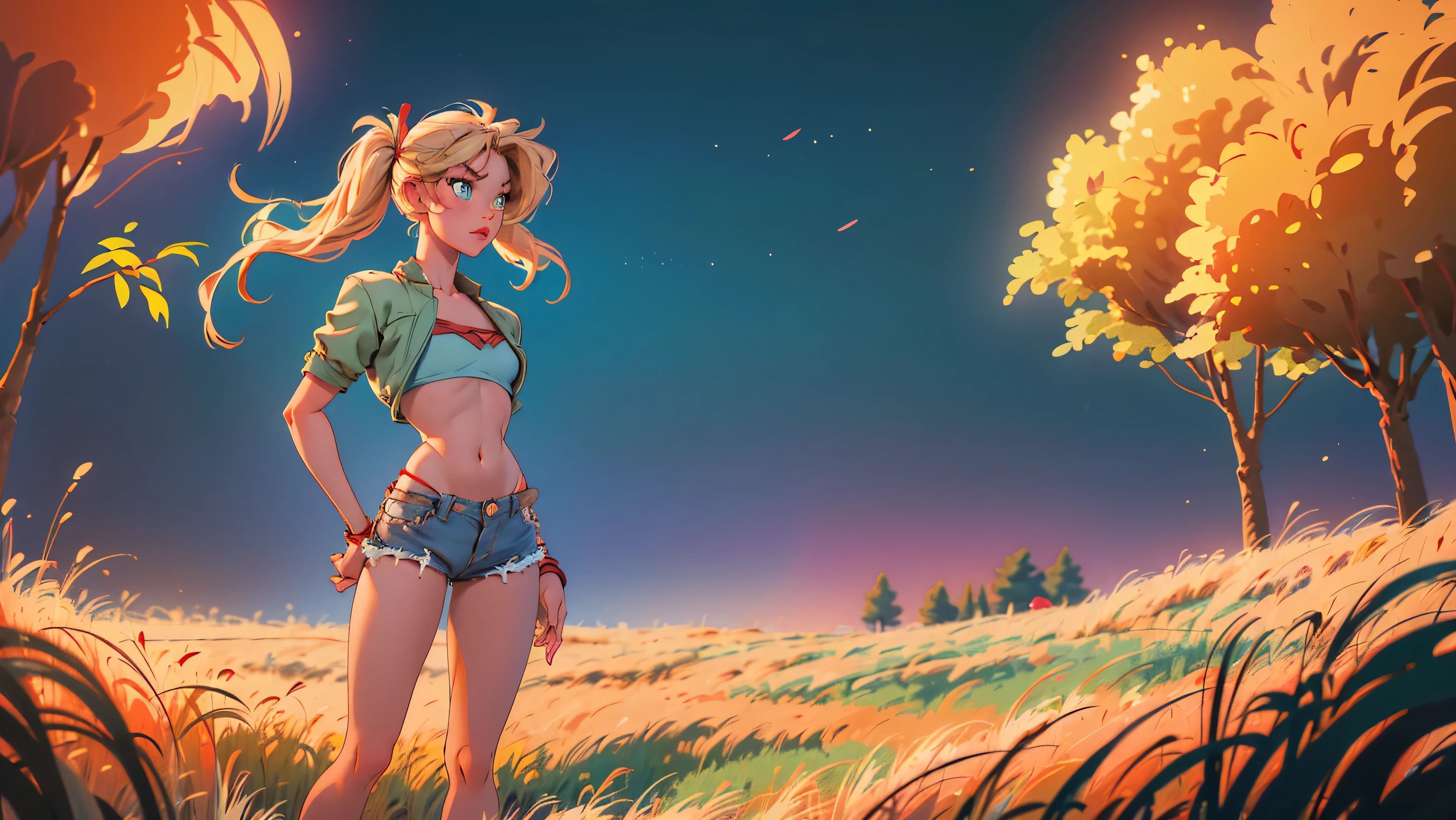 1girl, solo, (masterpiece, best quality, High Detail, 8K), blonde, long wavy hair, twintails with red ribbons in hair, dark tanned skin, extremely sexy, bikini tan, large breasts, Head to hips shot, Full body shot, cowboy shot, skinny, large green eyes, ((thin waist, small hips, long torso)), ((Dean Yeagle Style - Mandy)), wearing cutoff bluejean short-shorts, country girl, standing in a wheat field, farm background, wheat field,