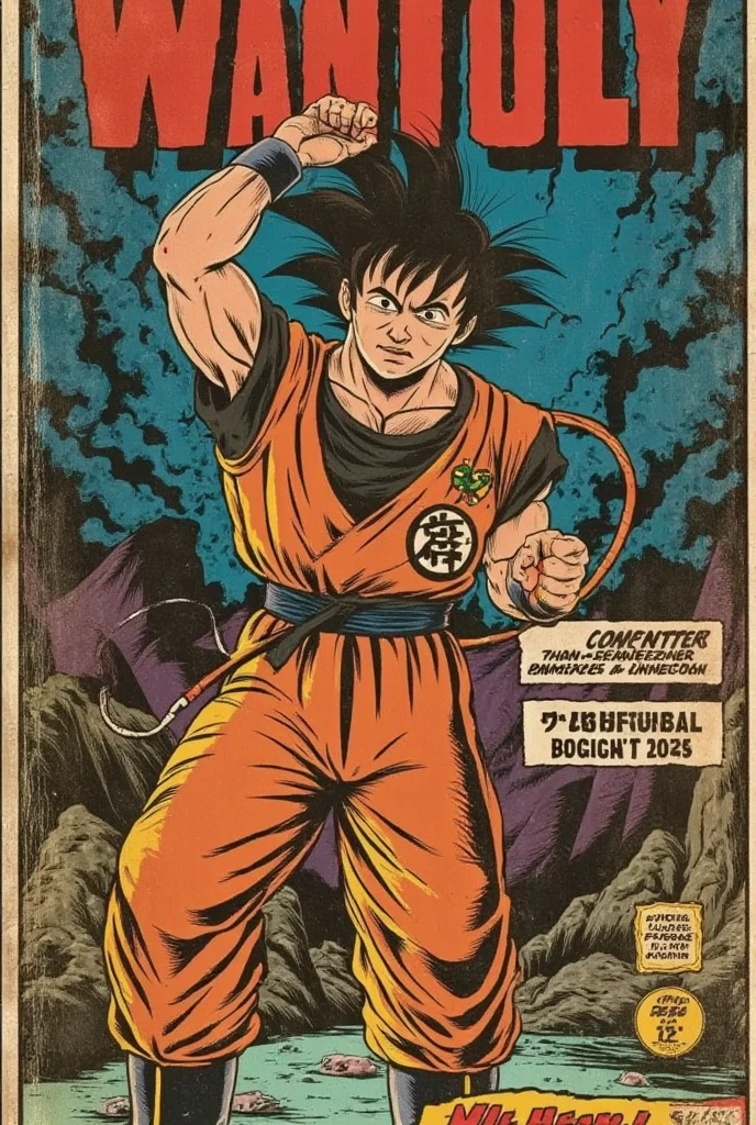 A vintage-style comic book cover shows Goku in a dynamic and heroic pose, standing firmly with his Power Pole raised in one hand, as if ready for battle. His iconic orange uniform is slightly adapted with textured shading and subtle highlights to match the classic art style of the 1940s, while the fabric appears slightly worn and creased, emphasizing his rugged journey. His expression is intense, with focused eyes and a determined gaze that captures his fearless spirit. The background is a dramatic landscape bathed in warm tones, with swirling storm clouds casting shadows that suggest an impending clash. Rays of light break through the clouds, illuminating Goku and casting a faint glow around him, adding depth and a sense of grandeur. Soft, hand-drawn textures give the entire scene a nostalgic quality, with details like small creases and faded edges around the cover's borders to emulate the look of a well-loved comic book. Hints of dust particles and subtle wear are visible on the surface, lending an authentic, slightly aged feel to the artwork. The overall composition is bold and evocative, placing Goku at the center of an epic moment, ready to face whatever challenges lie ahead.