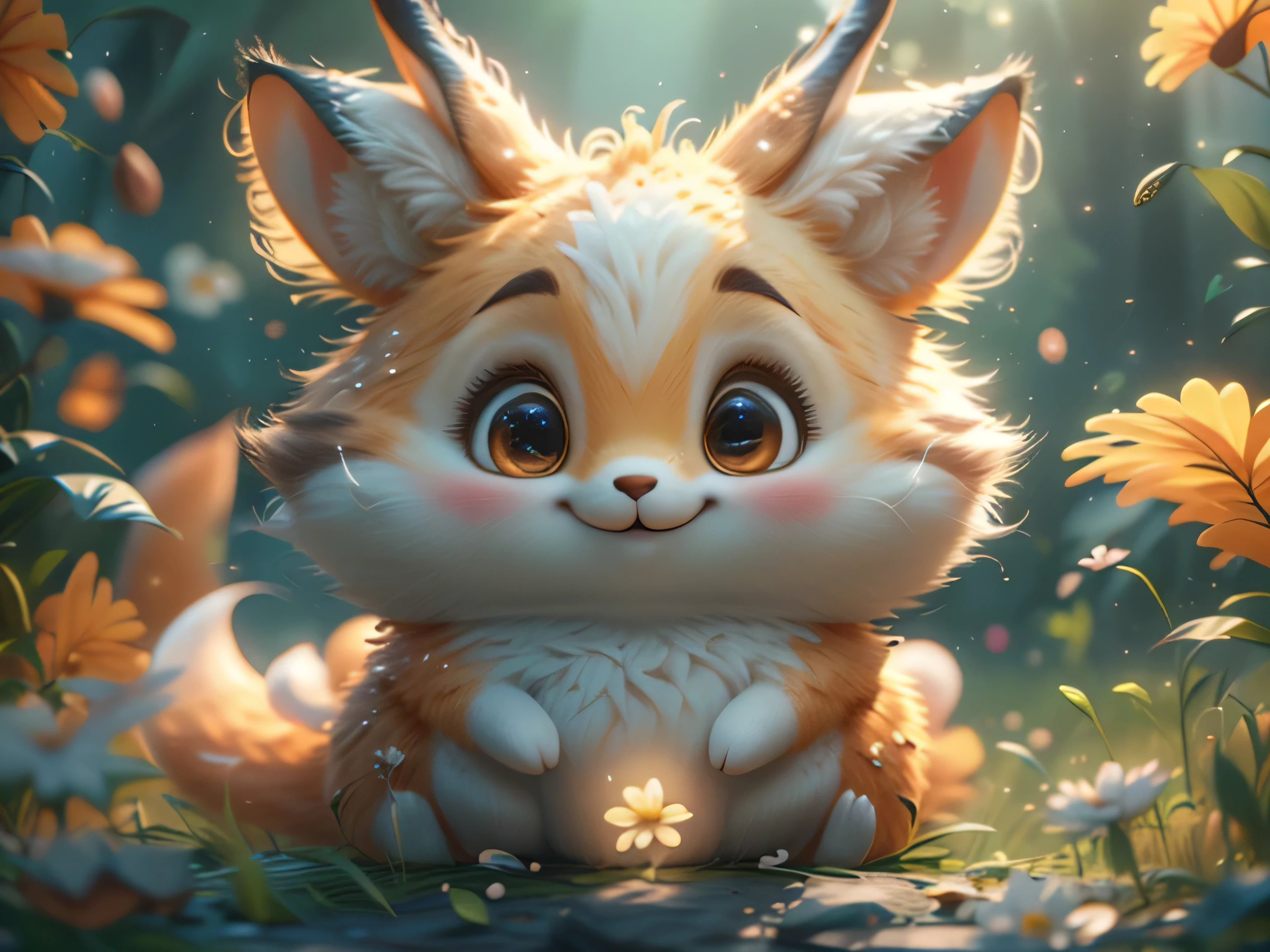 Magical Fantasy Creature, (Best Quality, Masterpiece, Representative Work, Official Art, Professional, Ultra Fine Detail, 8k:1.3) Fox Spirit, Super Cute, Big Eyes, Soft, Delicate Nose, Fluffy, Two-Toothed Smile, Cute Fennec Fox Ghost, Realistic, Beautiful, Sparkling, Stars in Eyes, Star Pearl, Fox Lights, Soft Volumetric Light, (Backlight:1.3), (Cinematic:1.2), Intricate Details, (ArtStation:1.3), --auto --s2