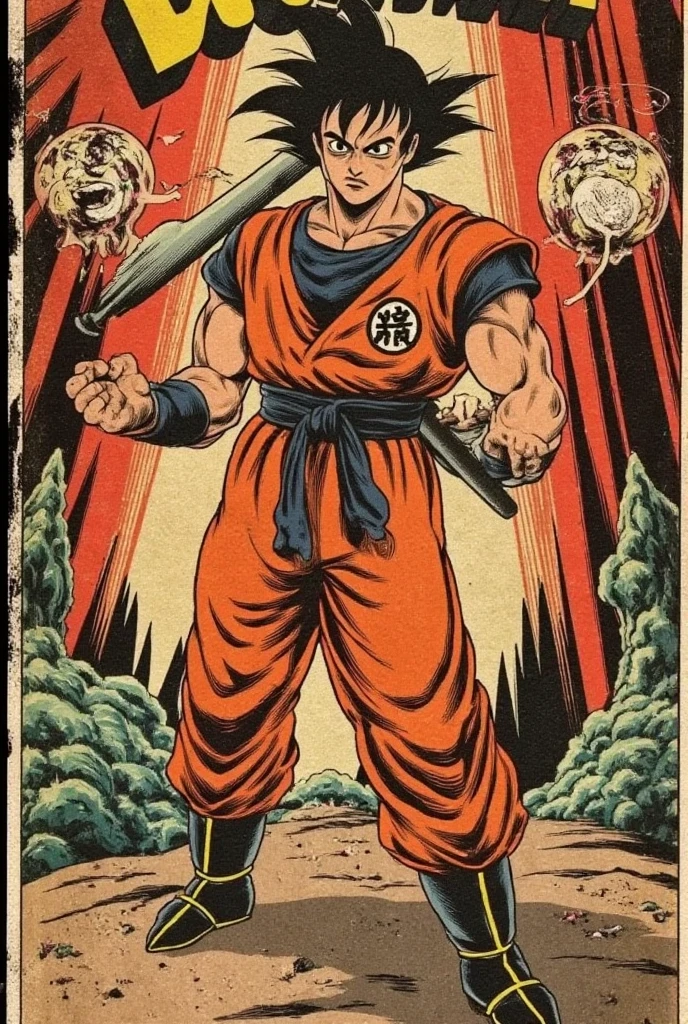 A vintage-style comic book cover shows Goku in a dynamic and heroic pose, standing firmly with his Power Pole raised in one hand, as if ready for battle. His iconic orange uniform is slightly adapted with textured shading and subtle highlights to match the classic art style of the 1940s, while the fabric appears slightly worn and creased, emphasizing his rugged journey. His expression is intense, with focused eyes and a determined gaze that captures his fearless spirit. The background is a dramatic landscape bathed in warm tones, with swirling storm clouds casting shadows that suggest an impending clash. Rays of light break through the clouds, illuminating Goku and casting a faint glow around him, adding depth and a sense of grandeur. Soft, hand-drawn textures give the entire scene a nostalgic quality, with details like small creases and faded edges around the cover's borders to emulate the look of a well-loved comic book. Hints of dust particles and subtle wear are visible on the surface, lending an authentic, slightly aged feel to the artwork. The overall composition is bold and evocative, placing Goku at the center of an epic moment, ready to face whatever challenges lie ahead.