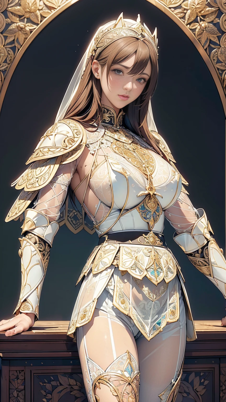 Best Quality}, {Very beautiful}, { very detailedな}, {The beSt  illustration }, masterpiece,((( skirt flip:1.5))),(( Show off your see-through micro pants:1.4)), garter belt :1.5,((Holy Knight)), Smooth breastplate, ((White Armor:1.5))、(((( extremely elaborate and intricately decorated armor:1.35)))),Red Cowboy Shot,Smooth Breasts、big 、(Golden Ratio, table top, Best Quality, Best Quality, Official Art, beautifully、beautiful:1.2),  very detailed, colorful, maximum details, illustration , Great scene, (adult,Age 19,1 person&#39;S, 1 personで,  final fantasy 12,Asheria:1.5, Asheria:1.5, Asheria:1.5,  curly hair :1.5, Long Hair,Brown Hair:1.2,Asheria CoStume:1.5, Asheria CoStume:1.5, mini skirt, knee socks,  thighs thighs thighs, gem,  blue belt ,Belt number 1), is etail backgroun is , A look of contempt ,Full body 1.5, Squat,  feet ,,Squatting,  feet , tight,no tightS,