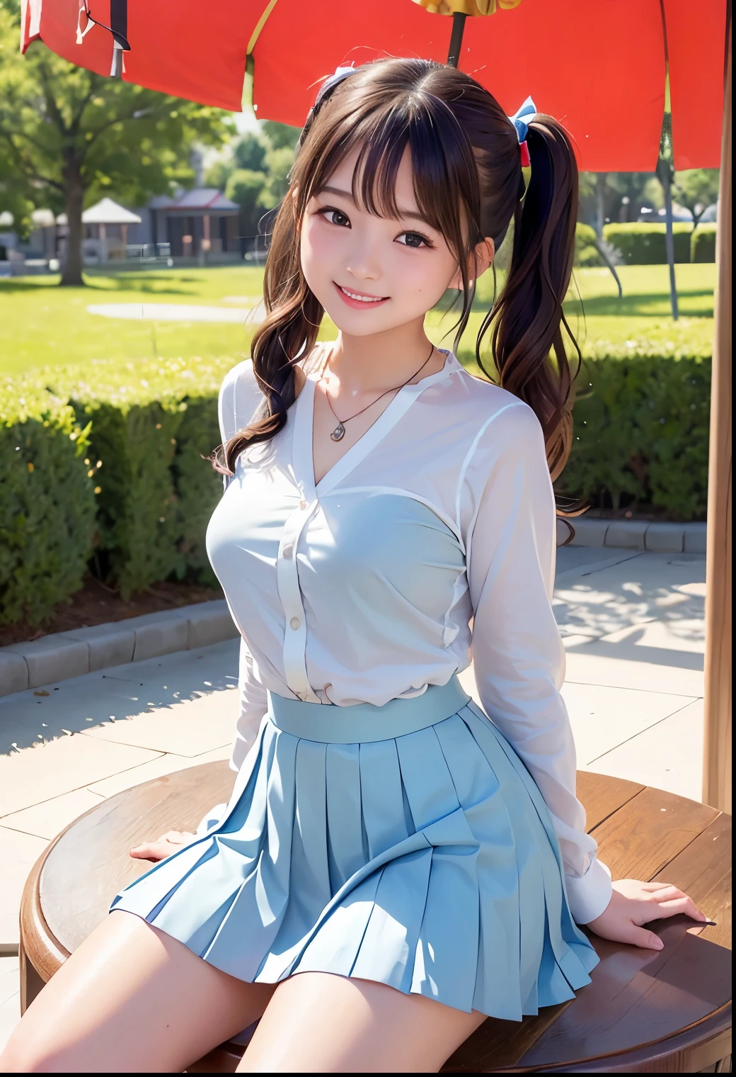 (Highest quality,masterpiece:1.3,Ultra-high resolution),(Very detailed、Caustics) (Realistic:1.4, RAW shooting、)Ultra-Realistic Capture、Very detailed、Natural skin texture、masterpiece、(A Japanese elementary school girl wearing a light blue blouse and pleated skirt:1.3)、Adorable expression、Expressions of happiness、、height: 140cm、Baby Face、Pure girl、Amazingly cute、Twin tail hairstyle、Curly Hair、ribbon、Black Hair、Large Breasts、Shining thighs、Shining ass、necklace、Photographed on a merry-go-round at an amusement park、Background details、smile、An inviting gaze、(Anatomically correct)、Cowboy Shot、Attention to detail、