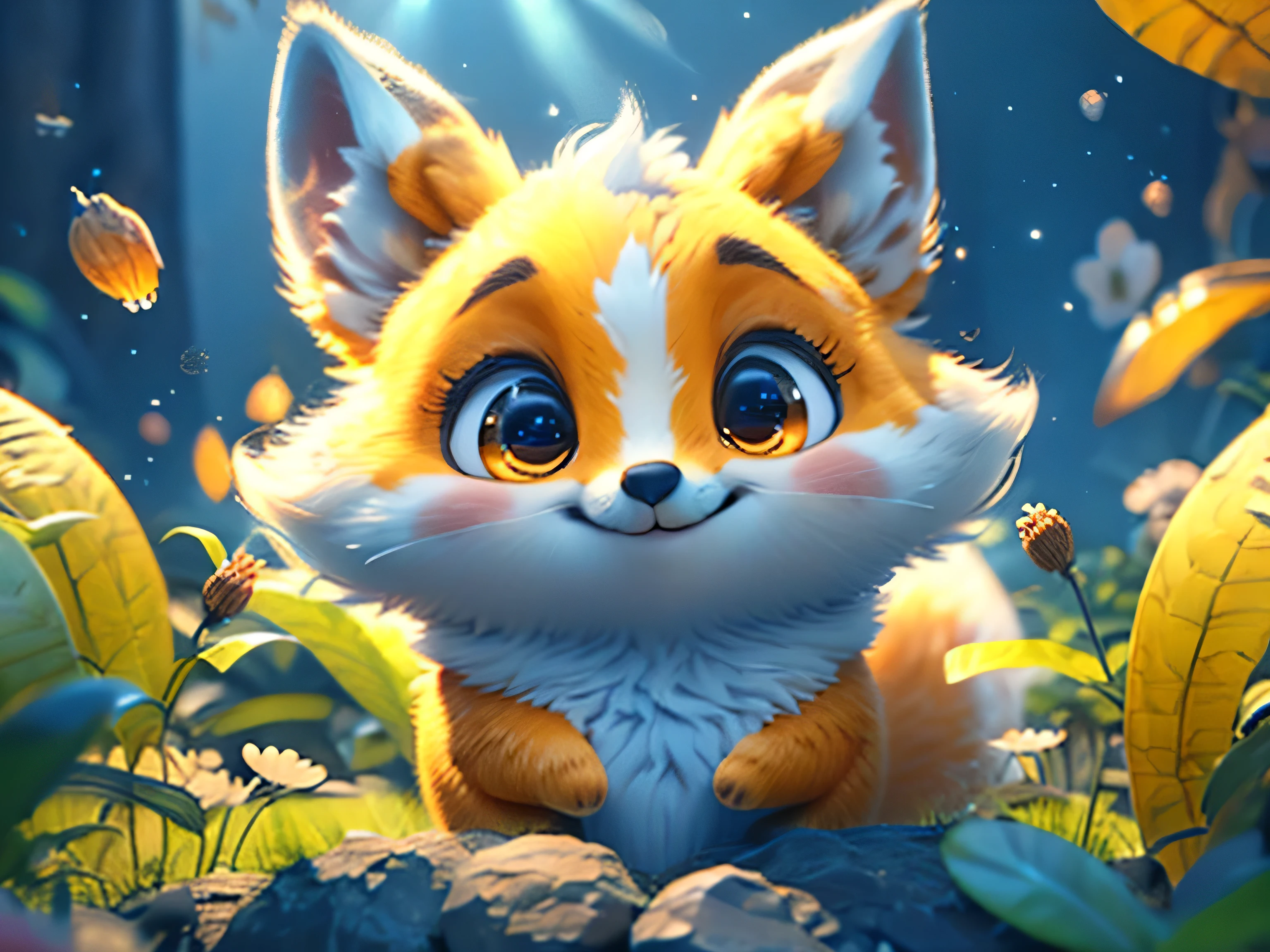 Magical Fantasy Creature, (Best Quality, Masterpiece, Representative Work, Official Art, Professional, Ultra Fine Detail, 8k:1.3) Fox Spirit, Super Cute, Big Eyes, Soft, Delicate Nose, Fluffy, Two-Toothed Smile, Cute Fennec Fox Ghost, Realistic, Beautiful, Sparkling, Stars in Eyes, Star Pearl, Fox Lights, Soft Volumetric Light, (Backlight:1.3), (Cinematic:1.2), Intricate Details, (ArtStation:1.3), --auto --s2