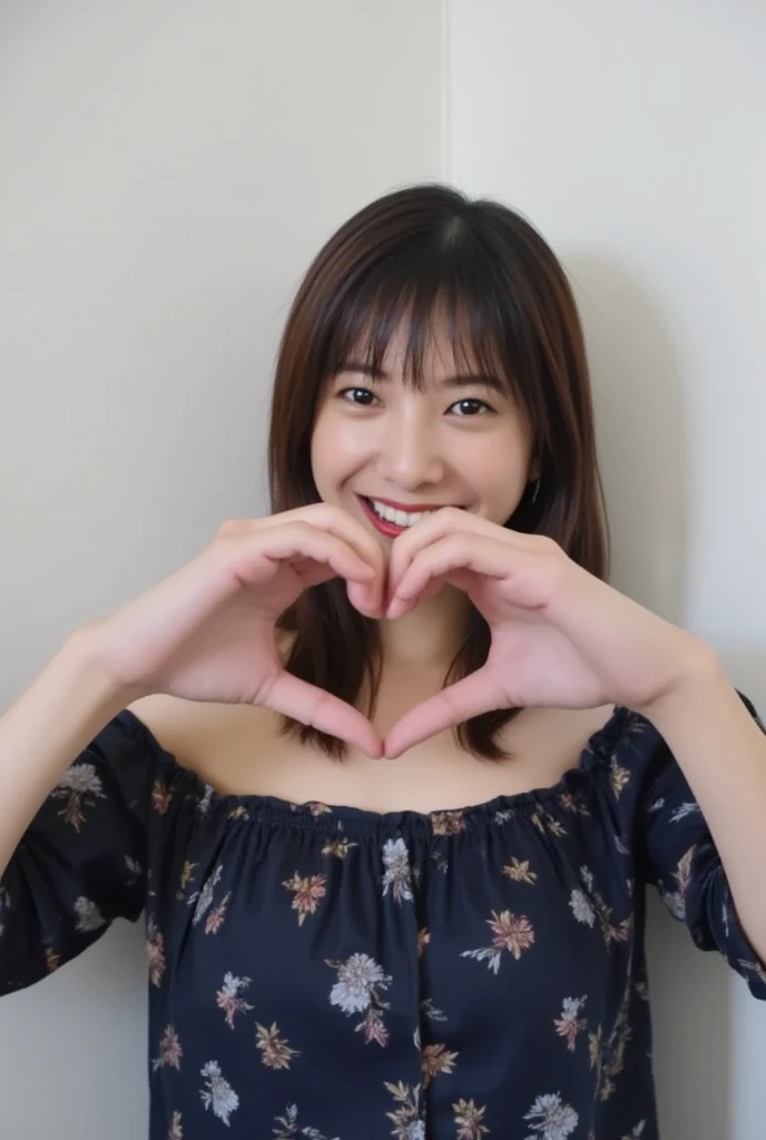 Only one woman with a cute smile is in a pose wearing off-shoulder pajamas, making a firm big heart shape with both hands, and holding them in front of her chest, View above collarbone、The background is a monotone 

