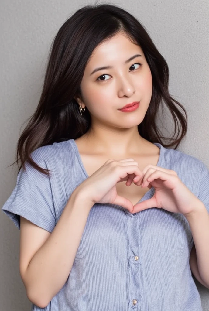 Only one woman with a cute smile is in a pose wearing off-shoulder pajamas, making a firm big heart shape with both hands, and holding them in front of her chest, View above collarbone、The background is a monotone 

