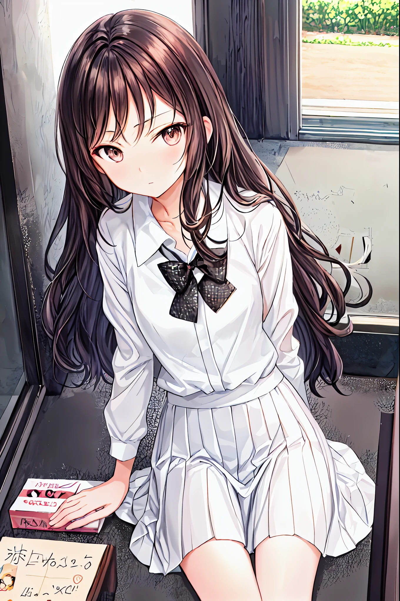 ( s)，Best Quality， beautiful face in every detail ，cute，  dark brown eyes，(背の低いcute女の子，Young student，Young and delicate girl）,（masterpiece，Best Quality)， Black Hair ， sleepy look after intercourse， short-sleeved white shirt，Checkered white skirt，Pathetic，Pathetic，Pathetic