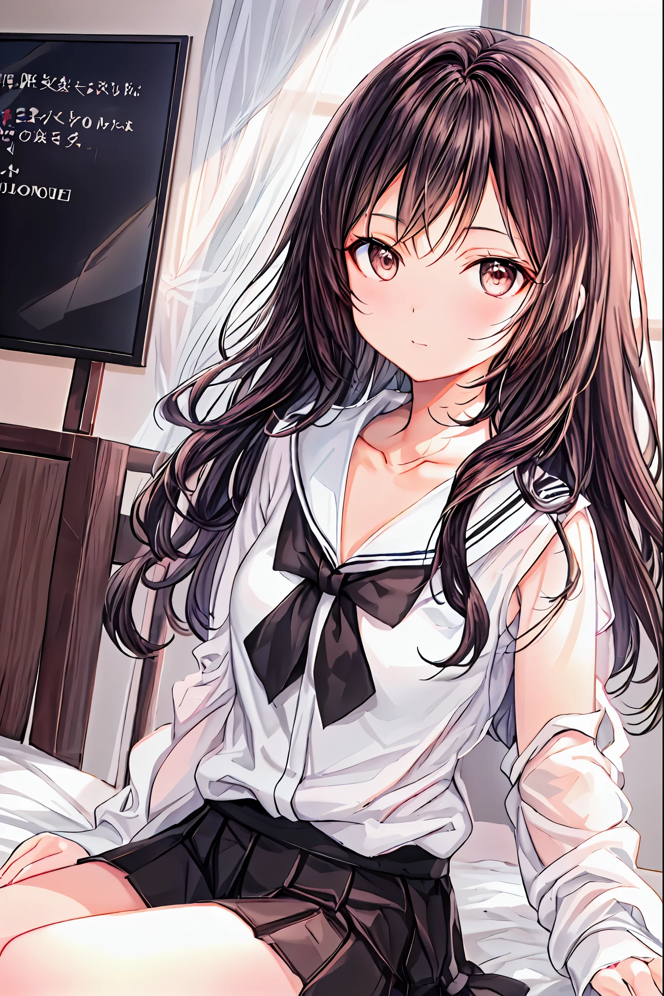 ( s)，Best Quality， beautiful face in every detail ，cute，  dark brown eyes，(背の低いcute女の子，Young student，Young and delicate girl）,（masterpiece，Best Quality)， Black Hair ， sleepy look after intercourse， short-sleeved white shirt，Checkered white skirt，Pathetic，Pathetic，Pathetic