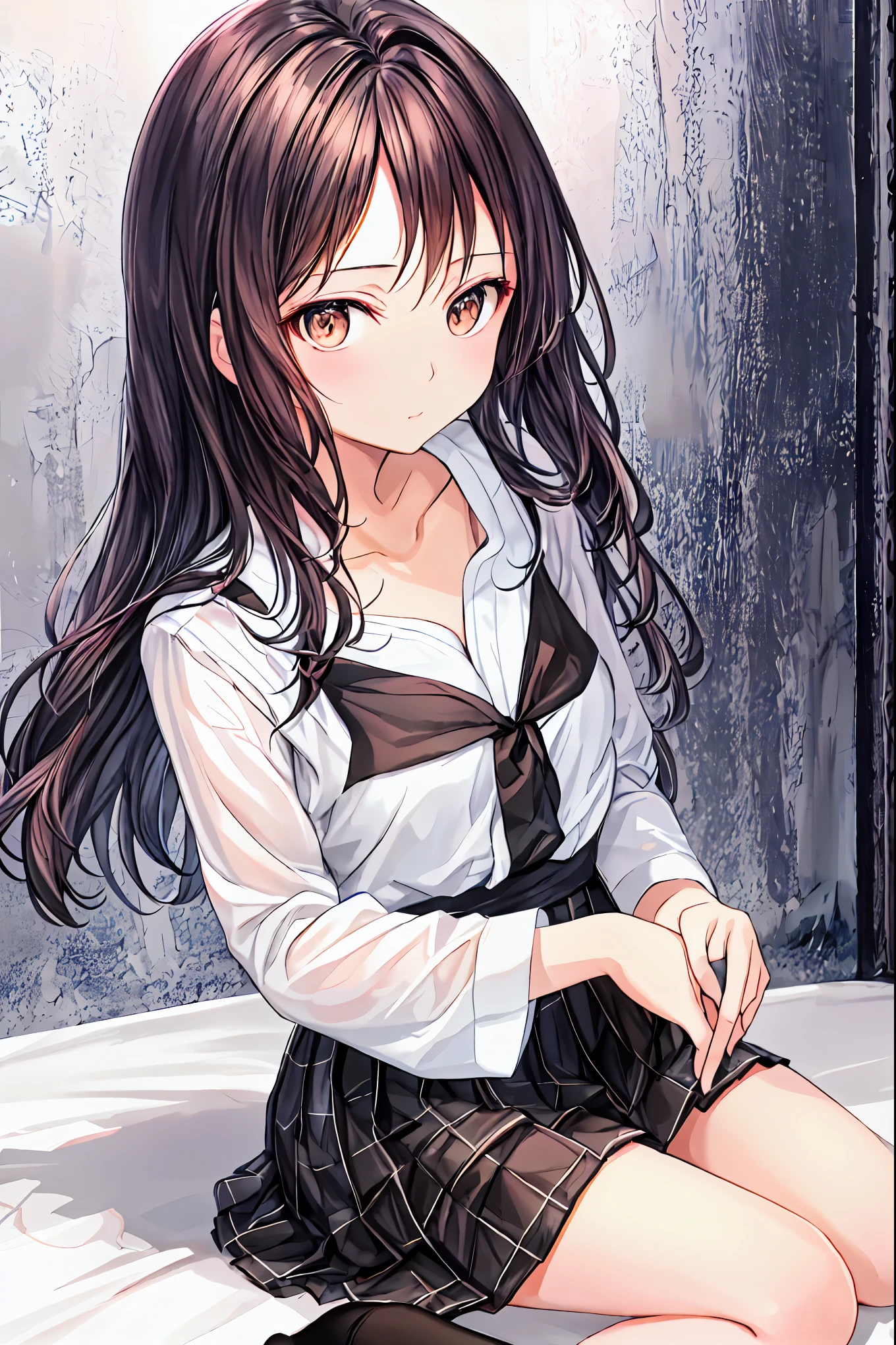 ( s)，Best Quality， beautiful face in every detail ，cute，  dark brown eyes，(背の低いcute女の子，Young student，Young and delicate girl）,（masterpiece，Best Quality)， Black Hair ， sleepy look after intercourse， short-sleeved white shirt，Checkered white skirt，Pathetic，Pathetic，Pathetic